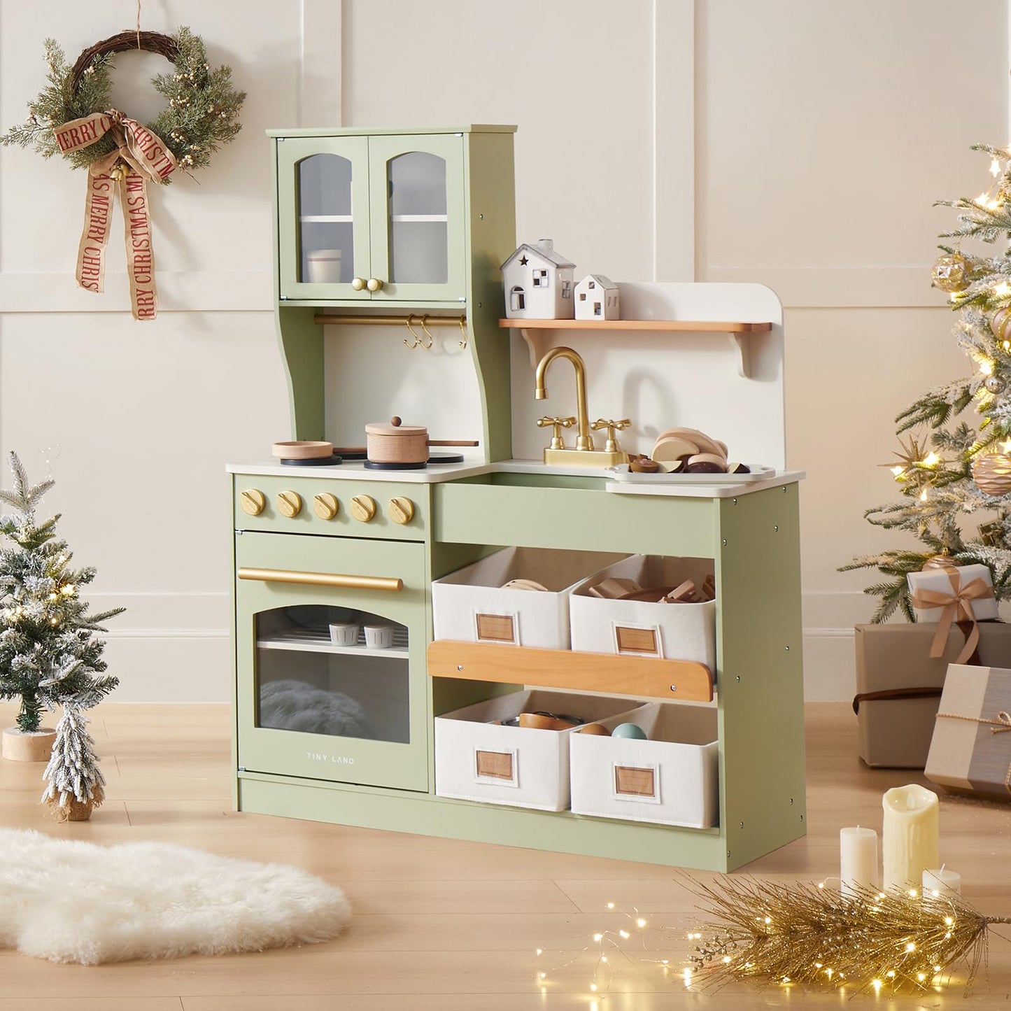 Tiny Land Wooden Play Kitchen for Kids – Enhanced Storage with Cabinets & Bins, Modern Toddler Kitchen Playset with Stove, Sink & Accessories