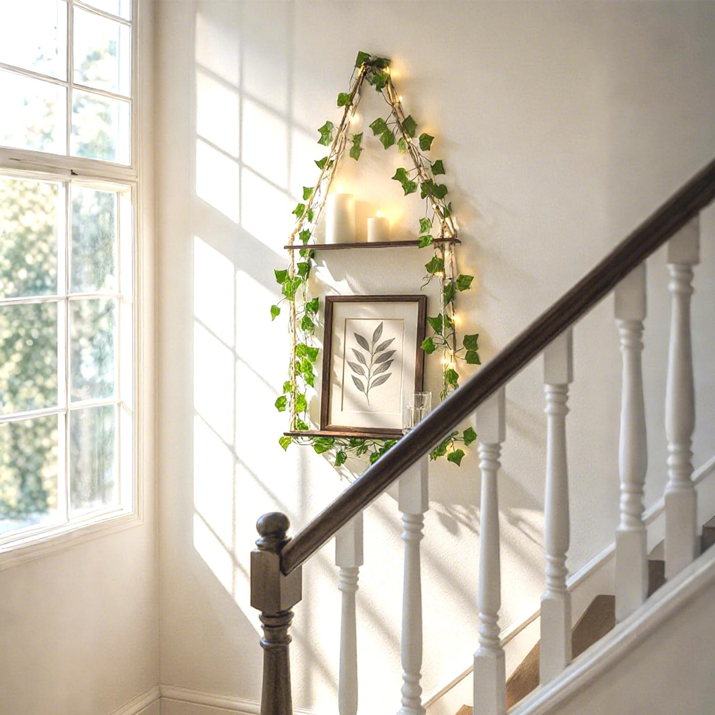 Artilady Artificial Ivy Macrame Hanging Shelves 3 Tier with Lights Boho Wall Decor, Rustic Wood Flaoting Shelf Plant Storage Rack for Bedroom Bathroom Living Room Nursery