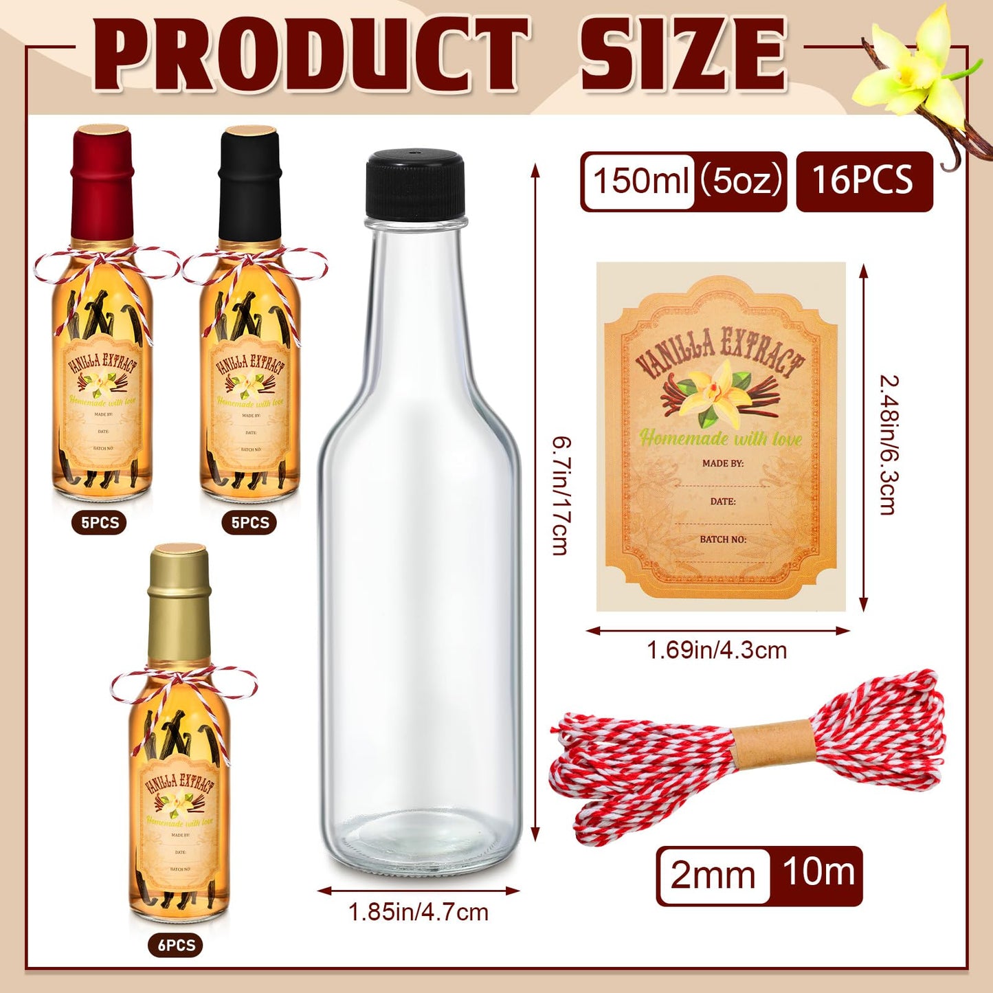 Tioncy 16 Pcs Empty Vanilla Extract Bottles for Homemade Vanilla Jar Glass Bottle with Cap, Shrink Band, Sticker DIY Crafts Wedding Gift Food Storage Canister for Bean(Black, Red, Gold,5 oz)