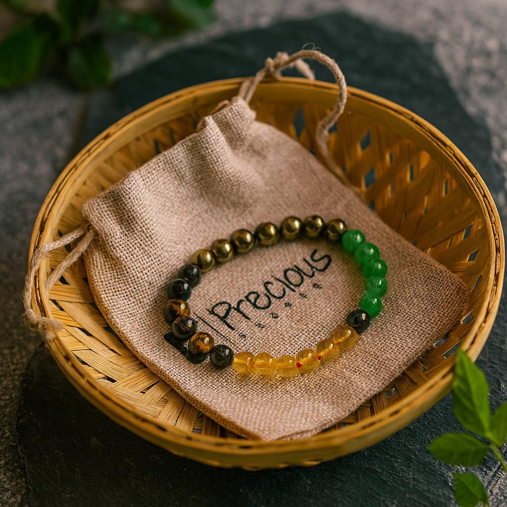 PRECIOUS PEBBLE Wealth & Confidence Bracelet for Men & Women, Natural Pyrite, Green Aventurine, Hematite & Citrine Beads – 8mm Adjustable Stone Bracelets for Focus, Style, Clarity & Everyday Wear