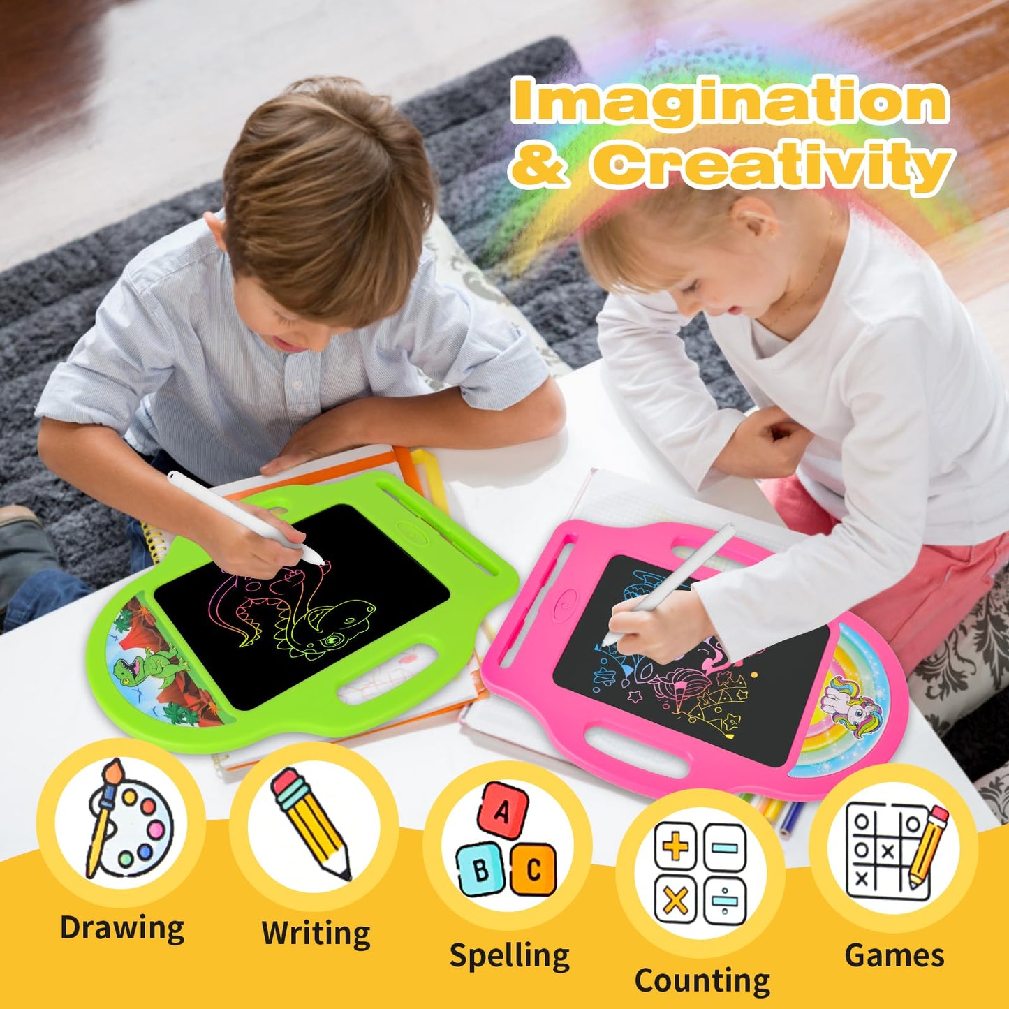 2 Pack 8.5 Inch LCD Writing Tablet for Kids 2-6, Dinosaur & Unicorn Doodle Board with Handle, Travel Car Toy for Twins Siblings, Educational Gift for Boys Girls