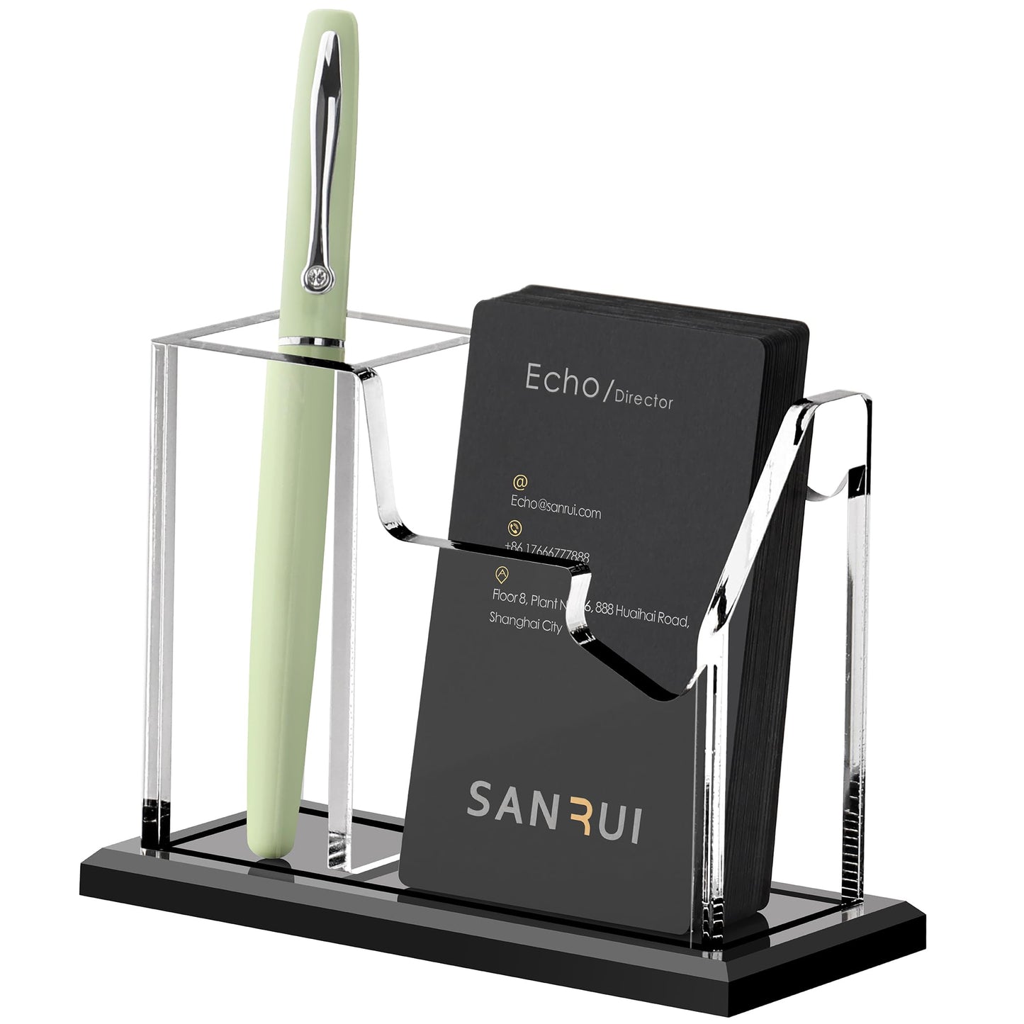 SANRUI Vertical Business Card Holder with Pen Holder for Desk, Clear Acrylic Desk Organizer and Accessories, Professional School Office Supplies Collection Caddy，Multi-function Storage Box
