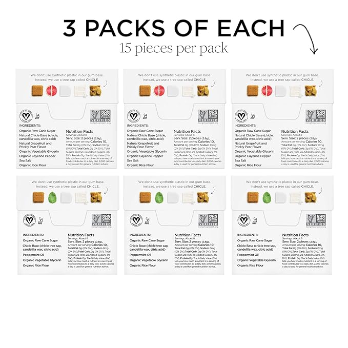 SIMPLY Gum Peppermint and Grapefruit (Cleanse) Variety Pack - Plastic-Free Natural Chewing Gum, 6 Pack (90 Pieces) | Vegan, Kosher, Non GMO, Aspartame Free and Sorbitol Free