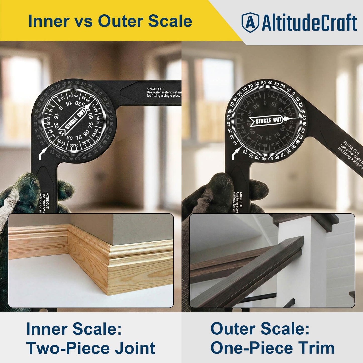 AltitudeCraft Precision Miter Saw Protractor – No-Math Angle Finder for Crown Molding, Trim & Woodworking | Heavy-Duty Aluminum, 360° Rotation (7.28 In)