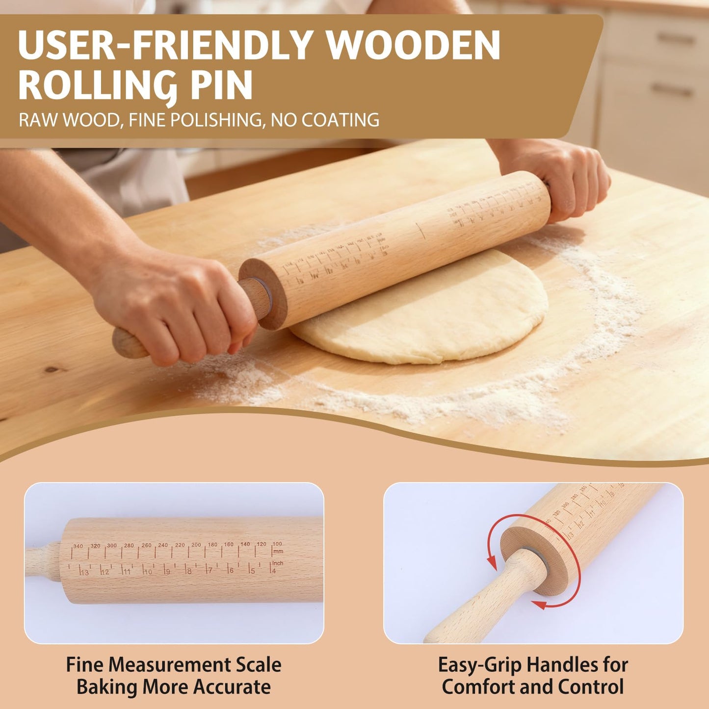 Long Adjustable Wood Rolling Pin: 21.1 Inch Rolling Pin with Thickness Rings and Measurement - Wooden Dough Roller for Baking Pastry Pizza Pie Crust Tortillas Cookie Bread - Bakers Baking Lovers