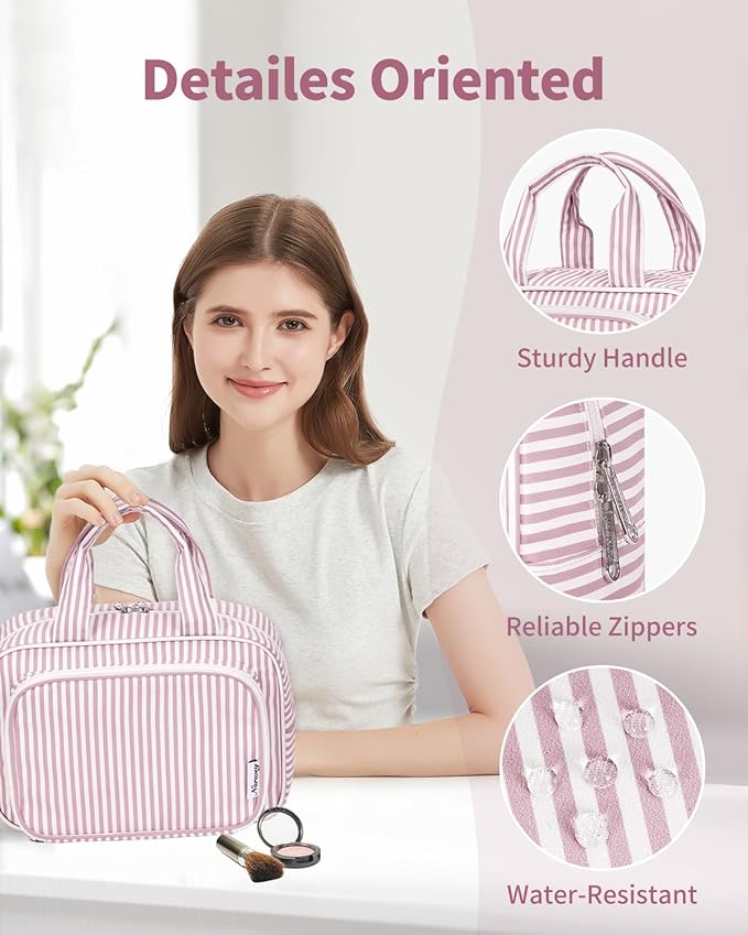 Narwey Large Travel Toiletry Bag for Traveling Women, Cosmetic Makeup Bag Make Up Organizer, Striped Travel Bag for Toiletries with Handle (Dusty Rose Stripe)