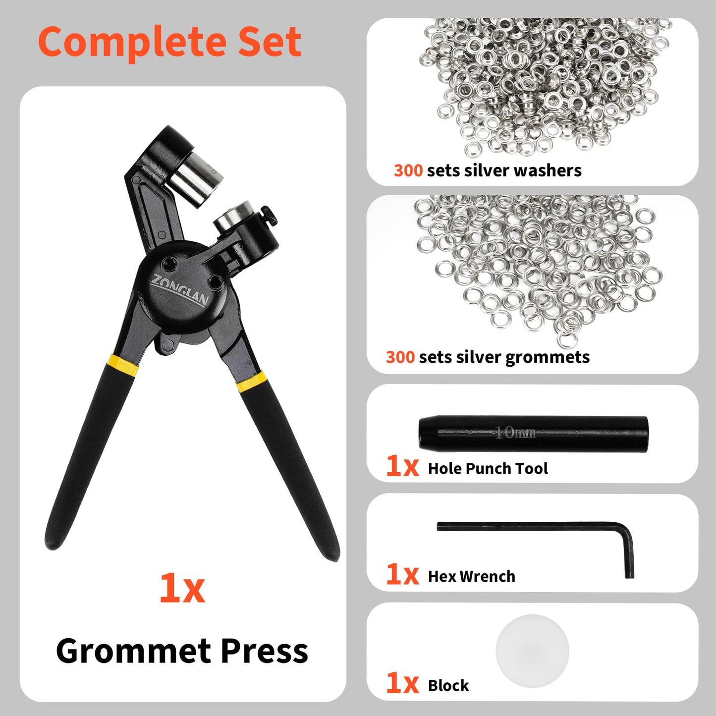 Grommet Tool Kit, 3/8 Inch Handheld Eyelet Kit Hole Punch Grommet Eyelet Press Pliers with 300 Silver Anti-Rust Grommets for Tarp Leather Fabric Tent and So On