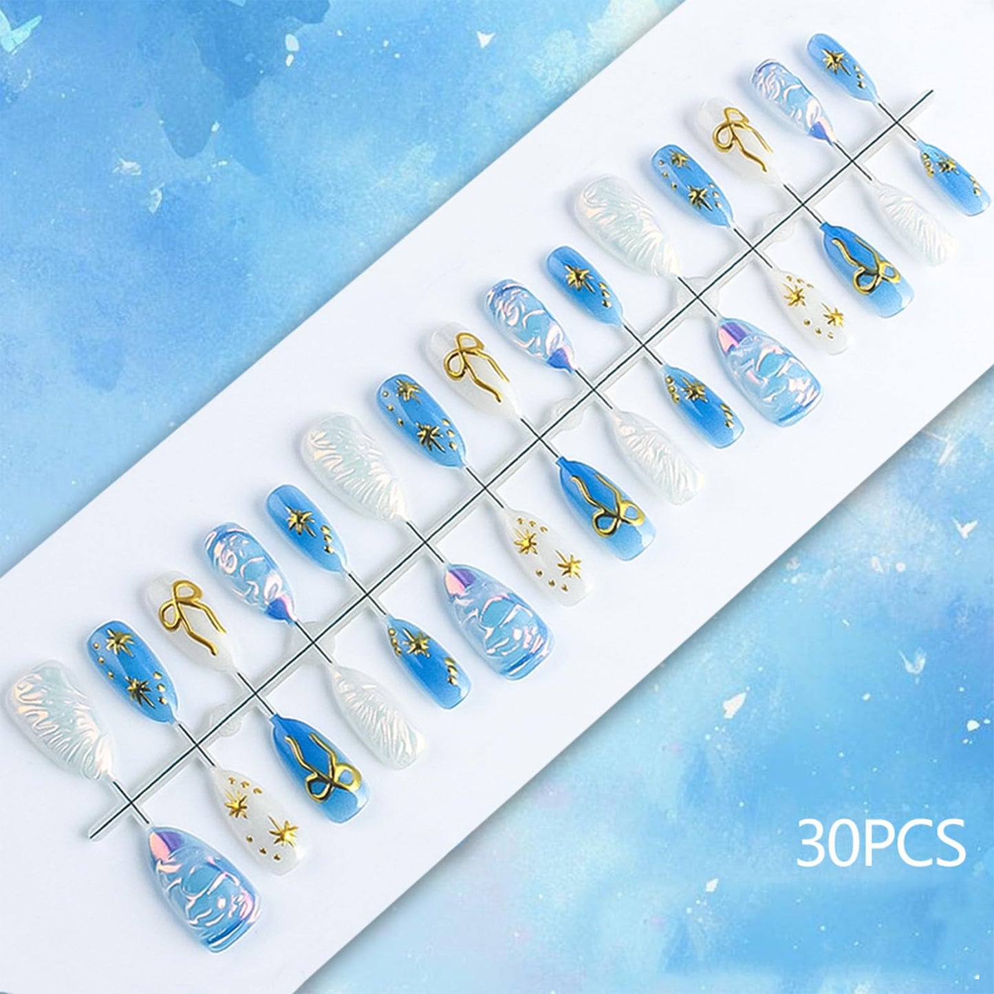 3D Bow Tie Press on Nails 30 Pcs Stars Acrylic Fake Nail Glossy Blue Glitter Stellar River Stick on Fingernails Valentines Almond Medium False Nails Curve Gel Glue on Nail for Women Valentine's Gift