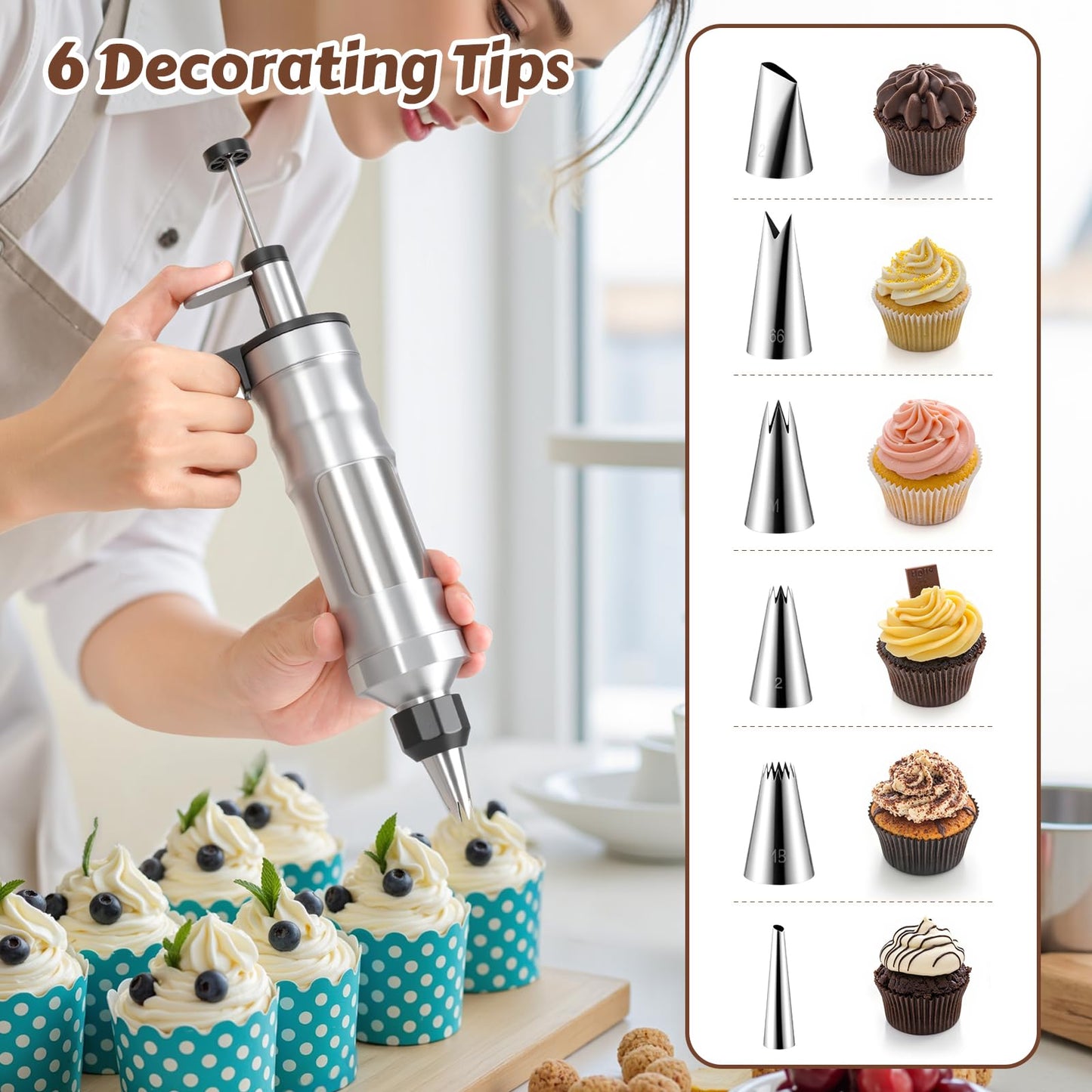 MIKESIER Dessert Decorating Syringe Set, Stainless Steel Frosting & Icing Piping Kit with 6 Tips and 9 Silicone Cupcakes,3 Cream Scraper for Cake Decorating Tools Cupcake Decorating Kit