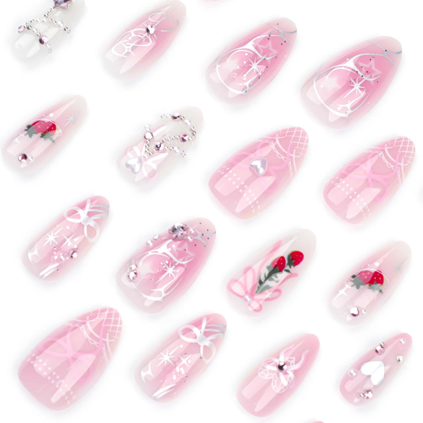CTTHNBD Press on Nails Almond - Medium Fake Nails with Bow Strawberry Design - Ombre Pink False Nails for Women 24 Pcs