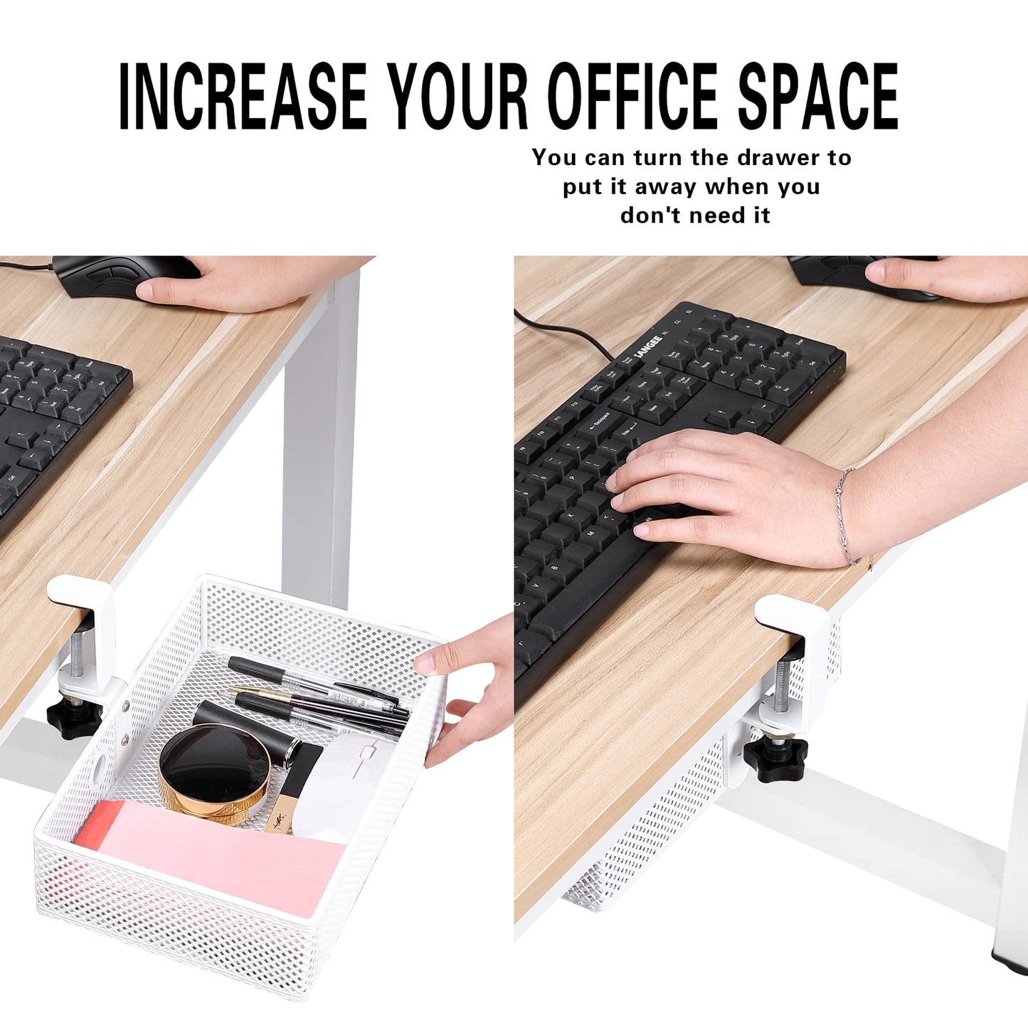 Euyona Mesh Desk Organizer and Clamp-on Swivel Pencil Drawer, Desk Hidden Desk Organizer Extra Sturdy C-Clamp Mount System and Easy to Instal, Home Office Art Supply Storage Box (White)