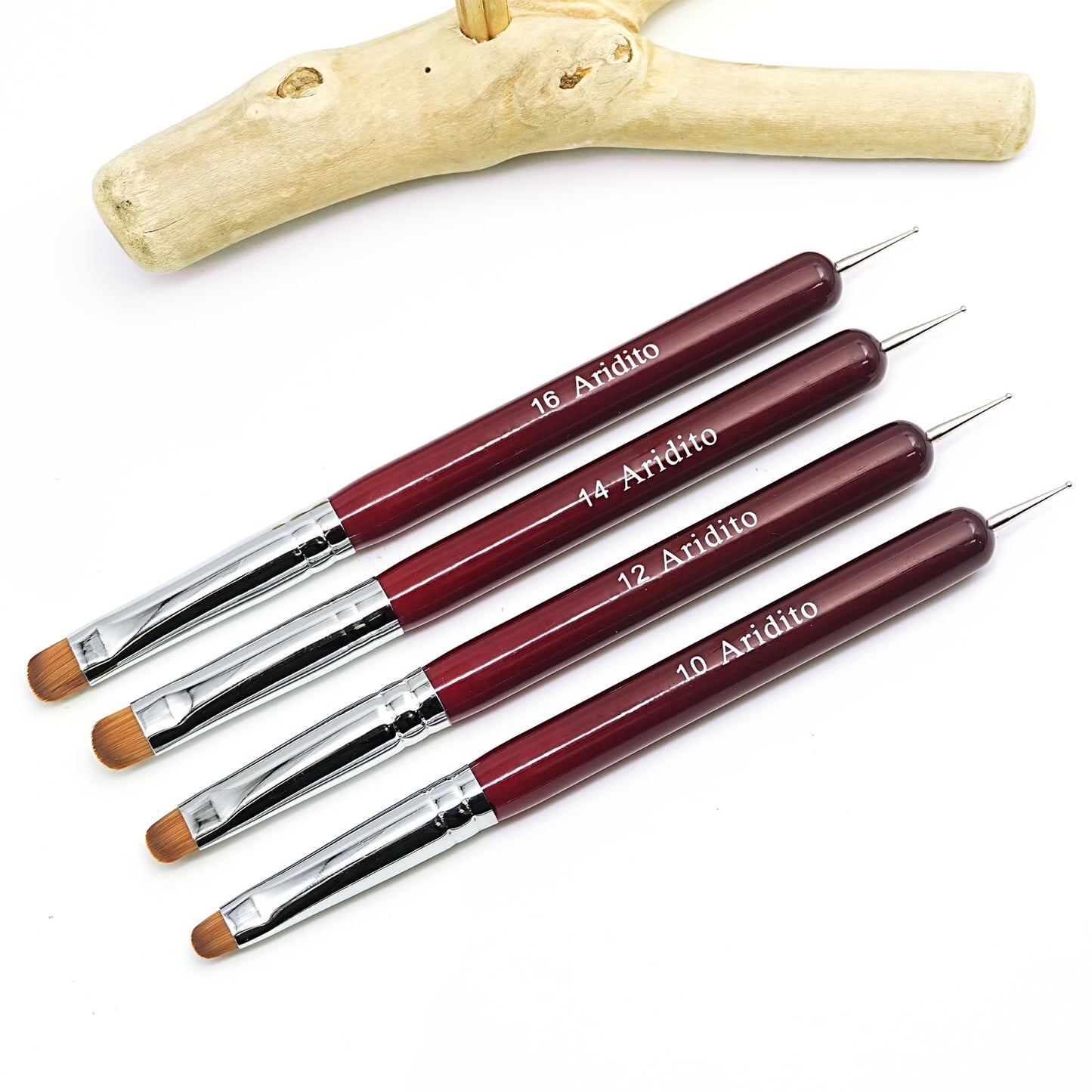Aridito 4Pcs Professional Acrylic French Manicure Clean-Up Brushes & Dotting Pens - Red Wood Handles, Precision Tips (#10#12#14#16) for Nail Art, Cuticle Care