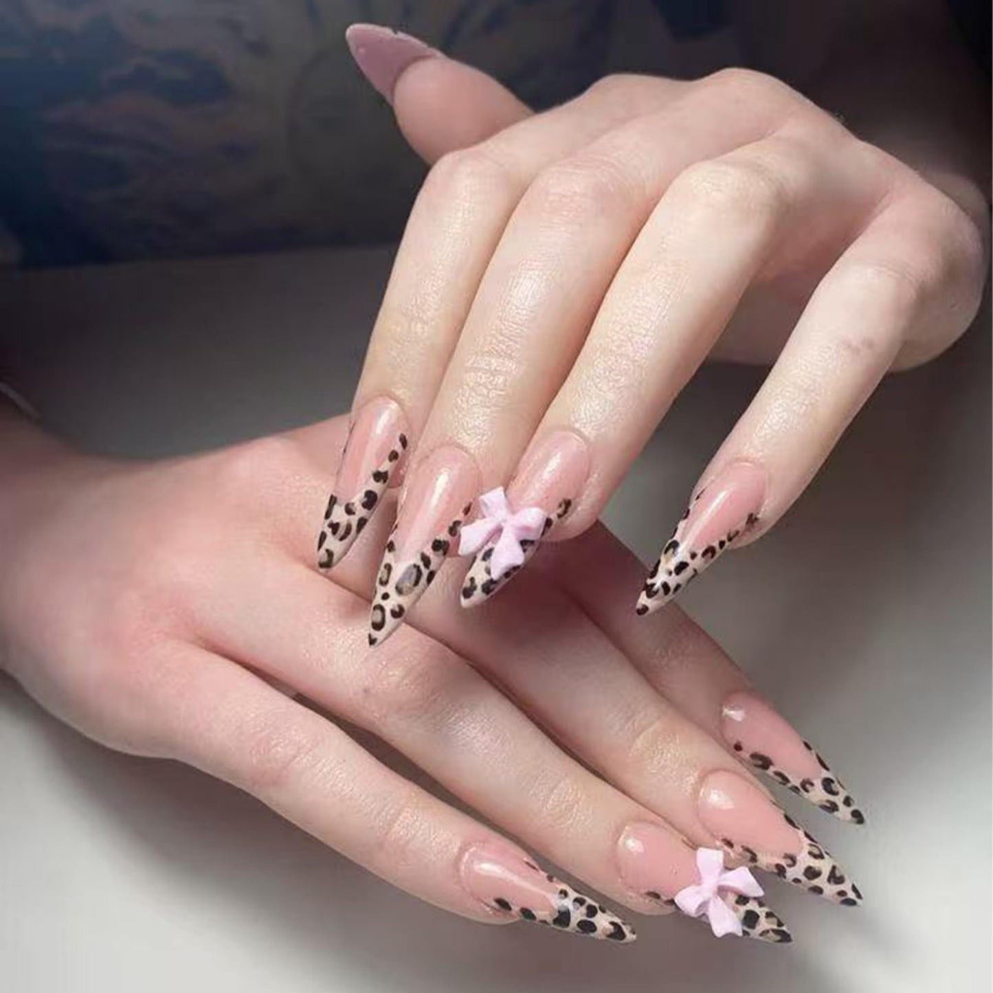 SEENEEY Long Press on Nails Stiletto Fake Nails Leopard Artificial Nail Pink Bow Designs Cute Stick on Nail for Women 24pcs