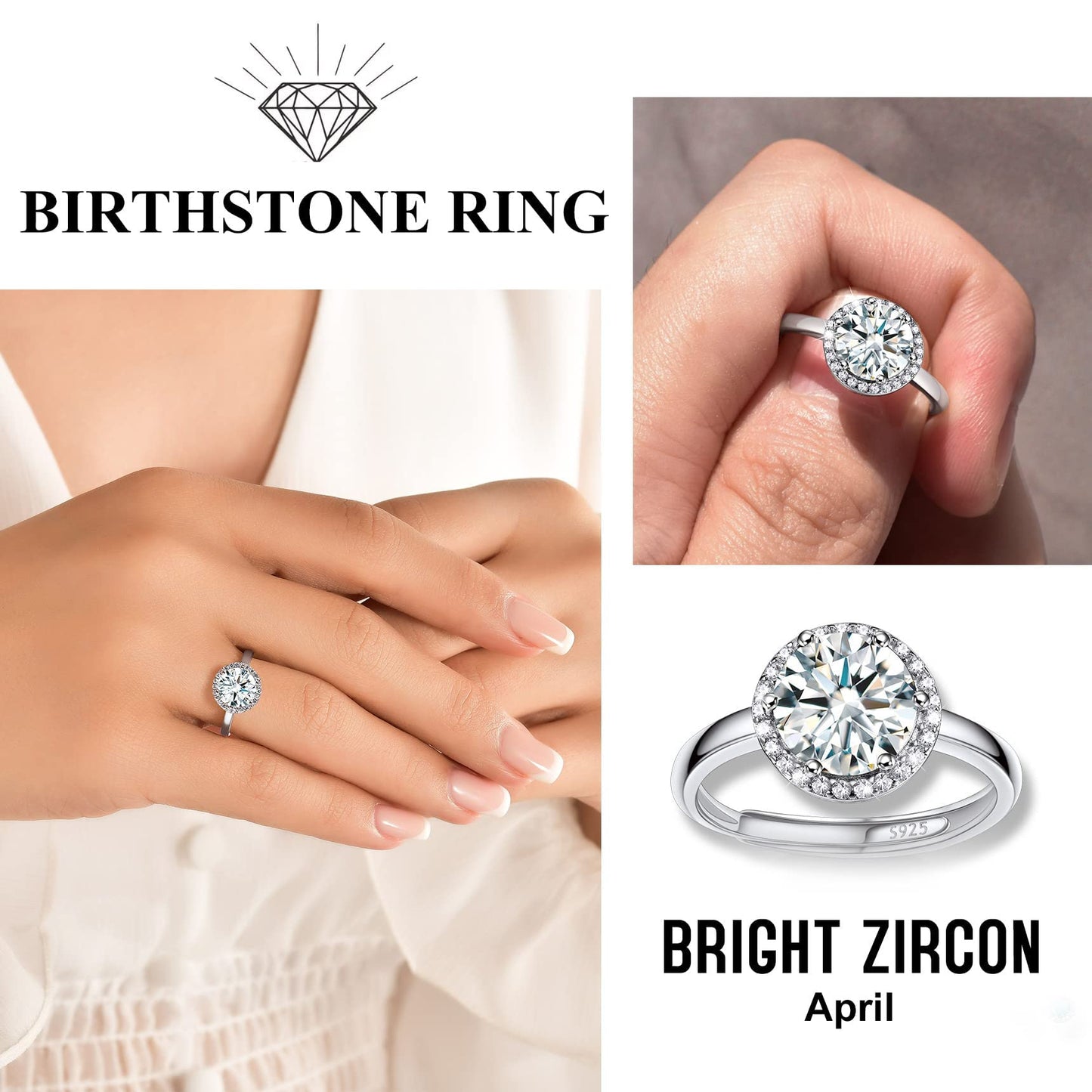 Bestyle 925 Sterling Silver Round Cut Gemstone Cubic Zirconia Rings for Women, April White Diamond Rings, Statement and Promise Ring for Engagement/Wedding/Anniversary/Valentines Day