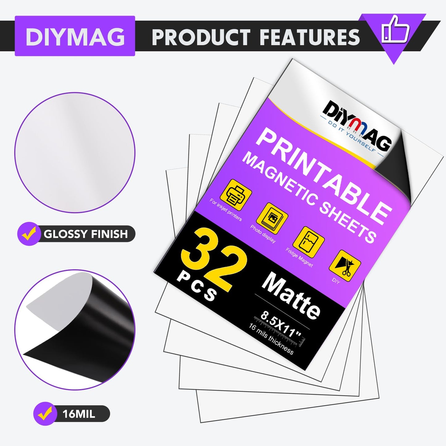 DIYMAG Printable Magnetic Sheets, 32Pcs 8.5 x 11 Inch Flexible Magnet Sheets Matte Non Adhesive Magnetic Paper for Inkjet Printer Photo DIY Crafts
