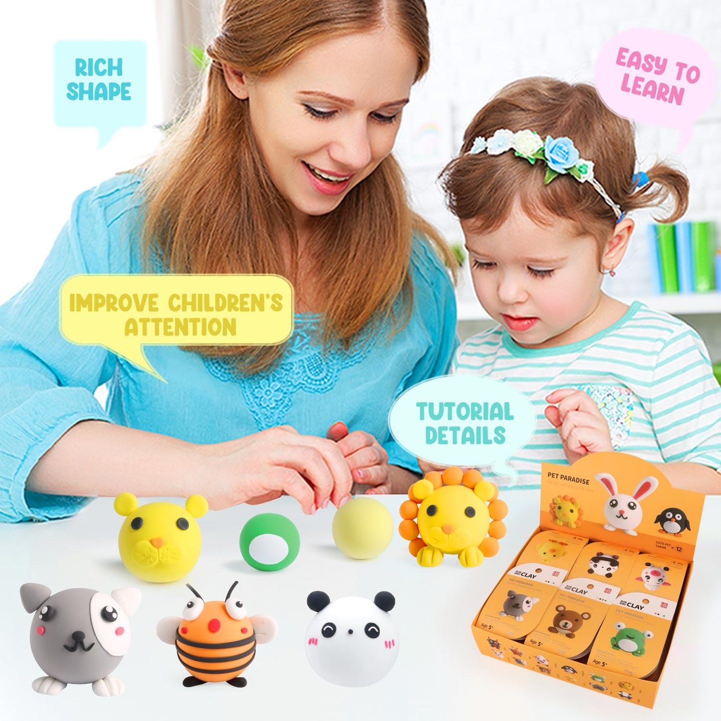 LOUFOR Air Dry Clay Kits - Modeling Clay for Kids, Ultra Light & Soft, Safe & Non-Toxic, DIY Air Dry Clays Kit with Sculpting Tools and Tutorials, Creatible Art Crafts Toys Gifts for Boys Girls
