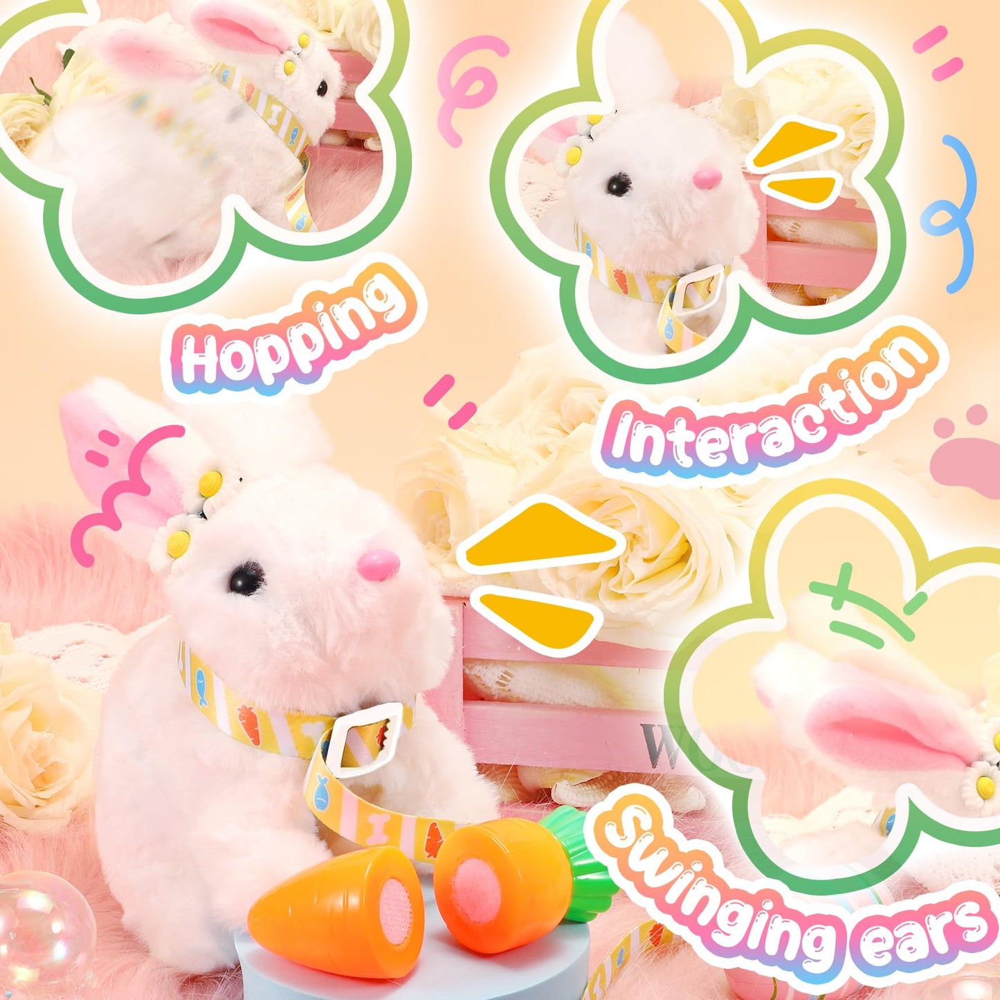 Tagitary Easter Plush Bunny Toys Electronic Toy with Sounds,Wiggling Ears,Twitching Mouth and Nose, Interactive Rabbit Toy for Kids with Leash,Easter Basket Stuffers Birthday Gift for Toddlers