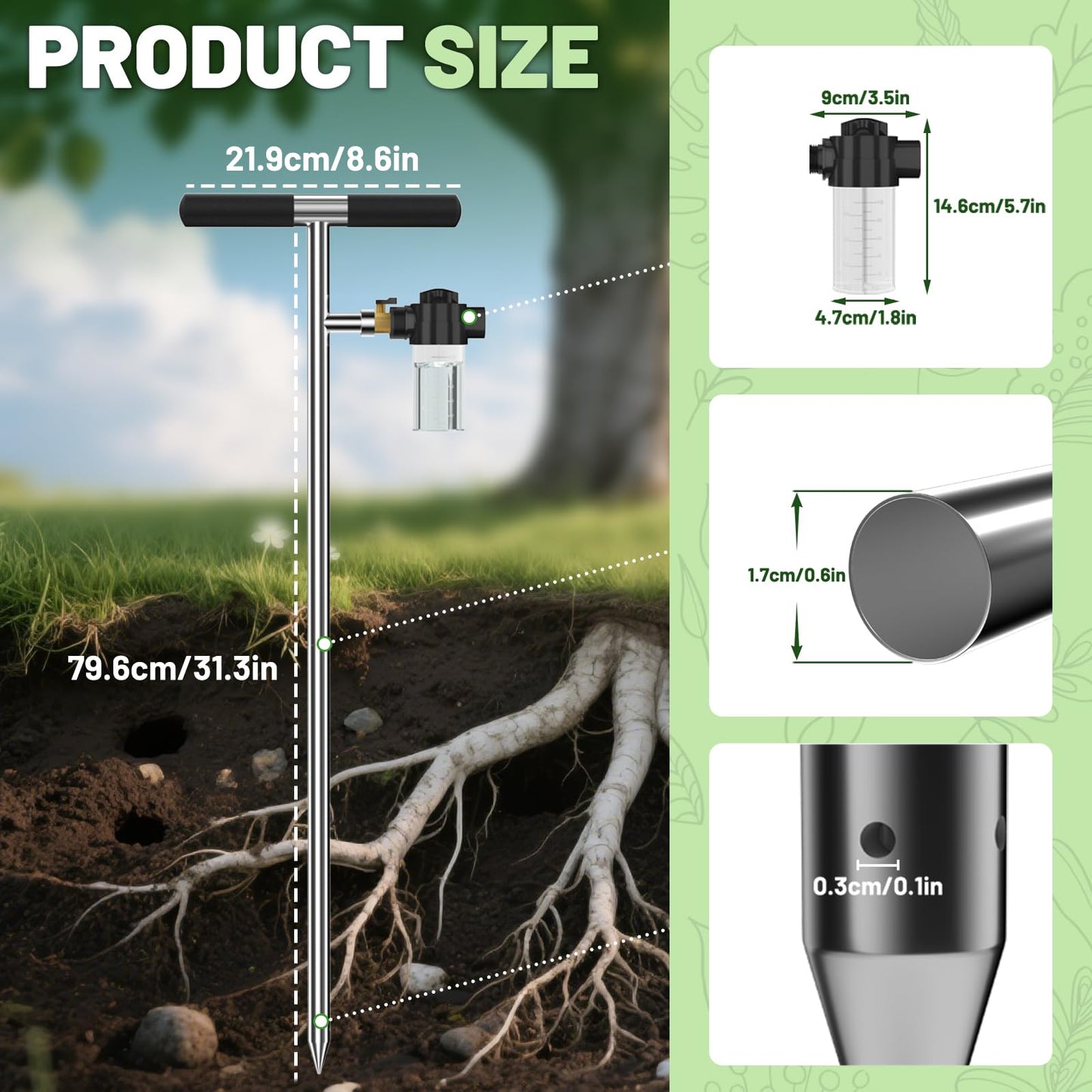 Hermsche Deep Root Tree Watering Tool, Stainless Steel Tree Watering Spike with Fertilizer Bottle, Root Feeder with Brass Valve T-Handle, Irrigation System Watering Stake for Garden Orchard Shrub