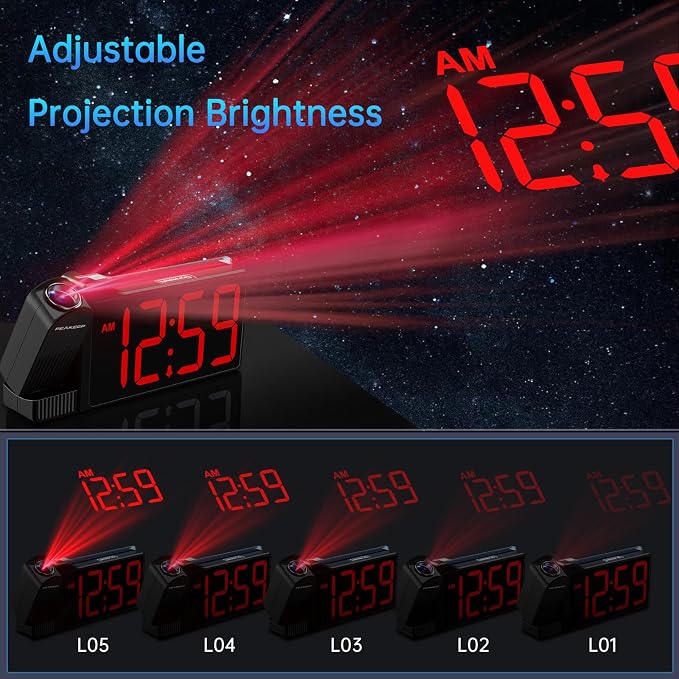 Peakeep Projection Alarm Clock for Bedroom Ceiling with Colorful Nightlight