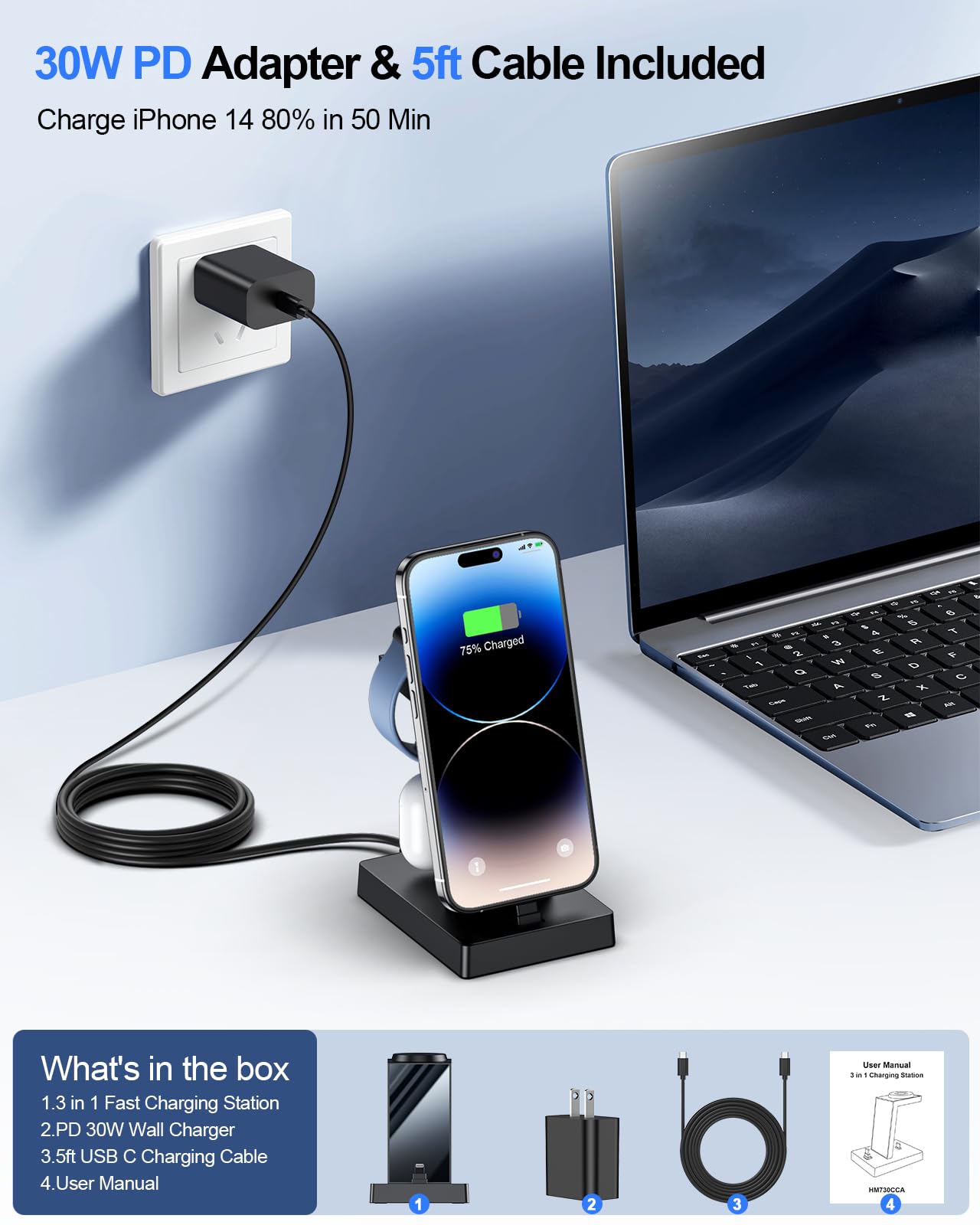 30W Charging Station for Multiple Devices - ADADPU 3 in 1 Charger Stand for iPhone 14/13/12/11/XR/XS/X/8/7(Not for iPhone 15/16/17 USB C), Charging Dock for AirPods Apple Watch Series 8/7/6/5/4/3/2/SE