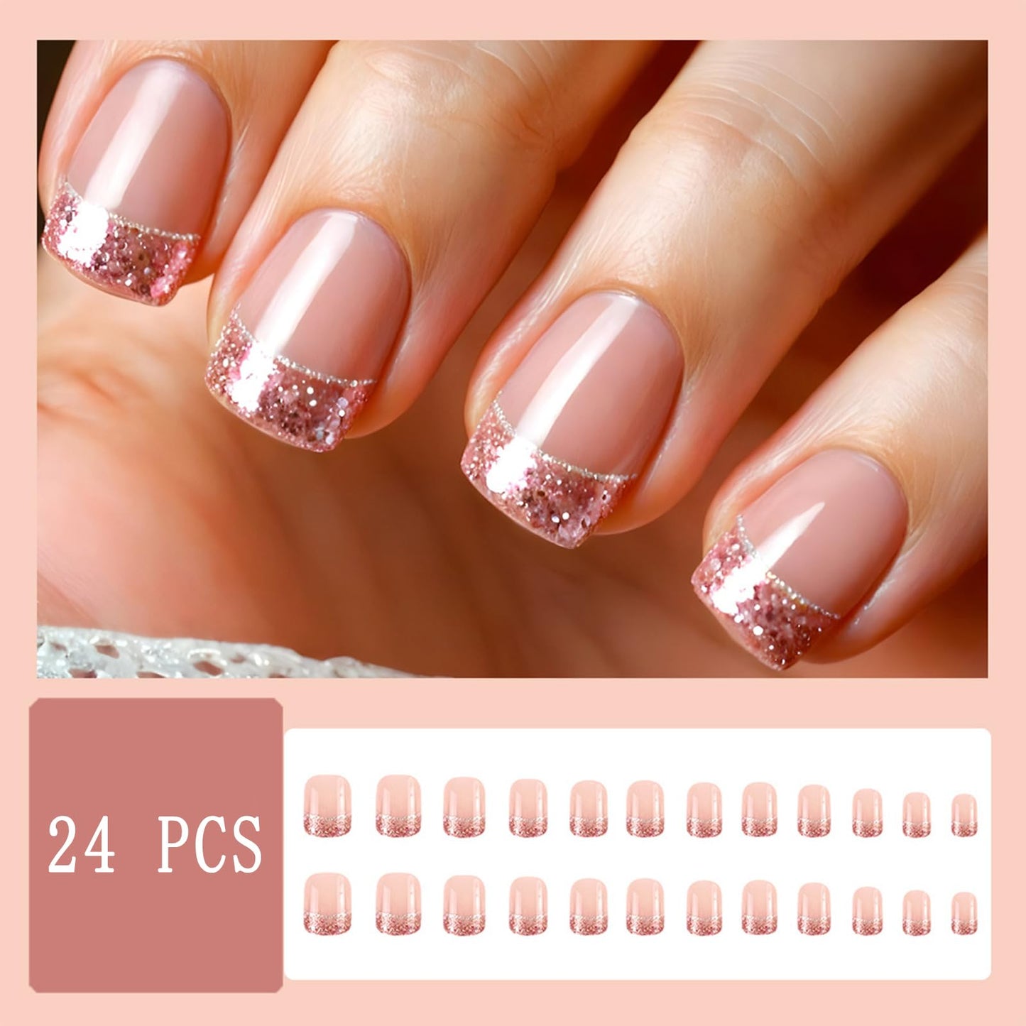 Starry Sky French Tip Press on Nails Medium Square Fake Nails Silver Glitter French Design False Nails Shine Nude Pink Full Cover Glossy Acrylicl Artificial Nails for Women Manicure Salon 24Pcs