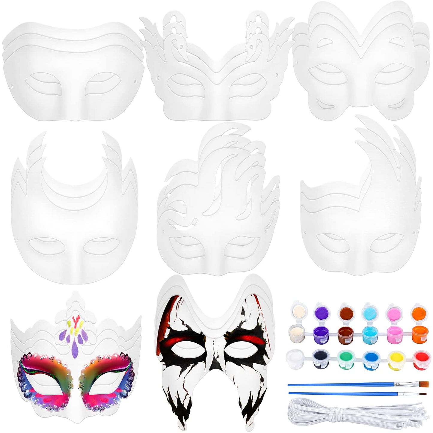Elcoho 24 Pieces White Paper Masks Half Face Masquerade Masks DIY Hand Painted Mask with Tether Paints Brushes Mardi Gras Mask for Halloween, Cosplay Party
