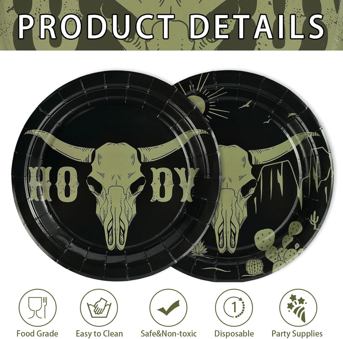 Grencian 50Pcs Cow Skull Decorations 9in Heavy Duty Disposable Western HOWDY Cow Skull Desert Paper Plates For Southwestern Party Supplies