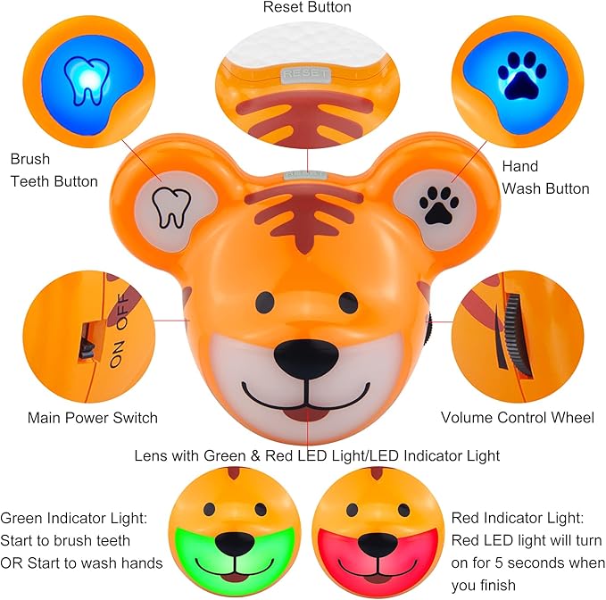 LUXSWAY Cute Animal Toothbrushing Timer for Kids with Musical Volume, 2 Minute Kid Timer for Teeth, 20 Seconds Wash Hand for Kids Training, Rechargeable Colored Led Light Visual- Tiger