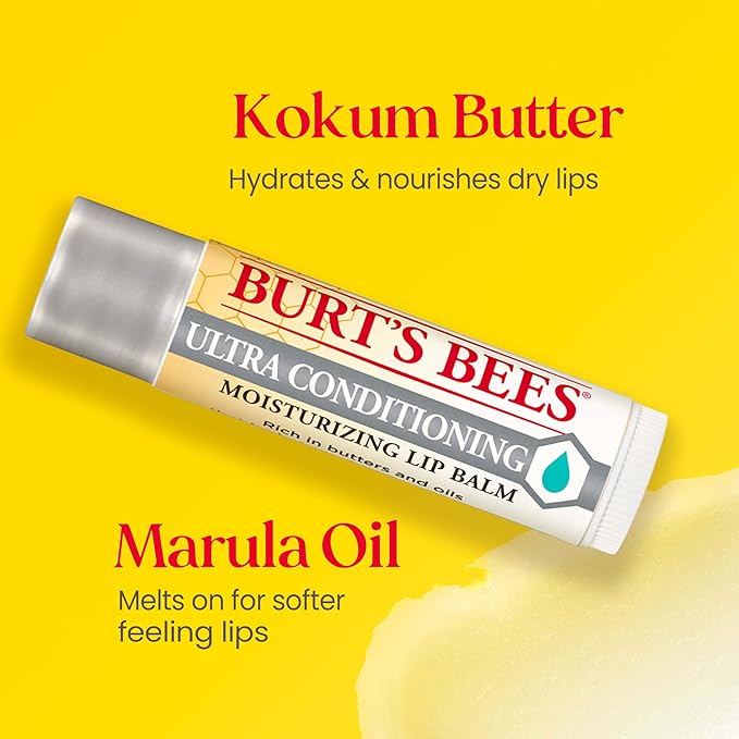 Burt's Bees Lip Balm Stocking Stuffers, Moisturizing Lip Care Christmas Gifts for All Day Hydration, Ultra Conditioning with Shea, Cocoa & Kokum Butter, 100% Natural (4-Pack)