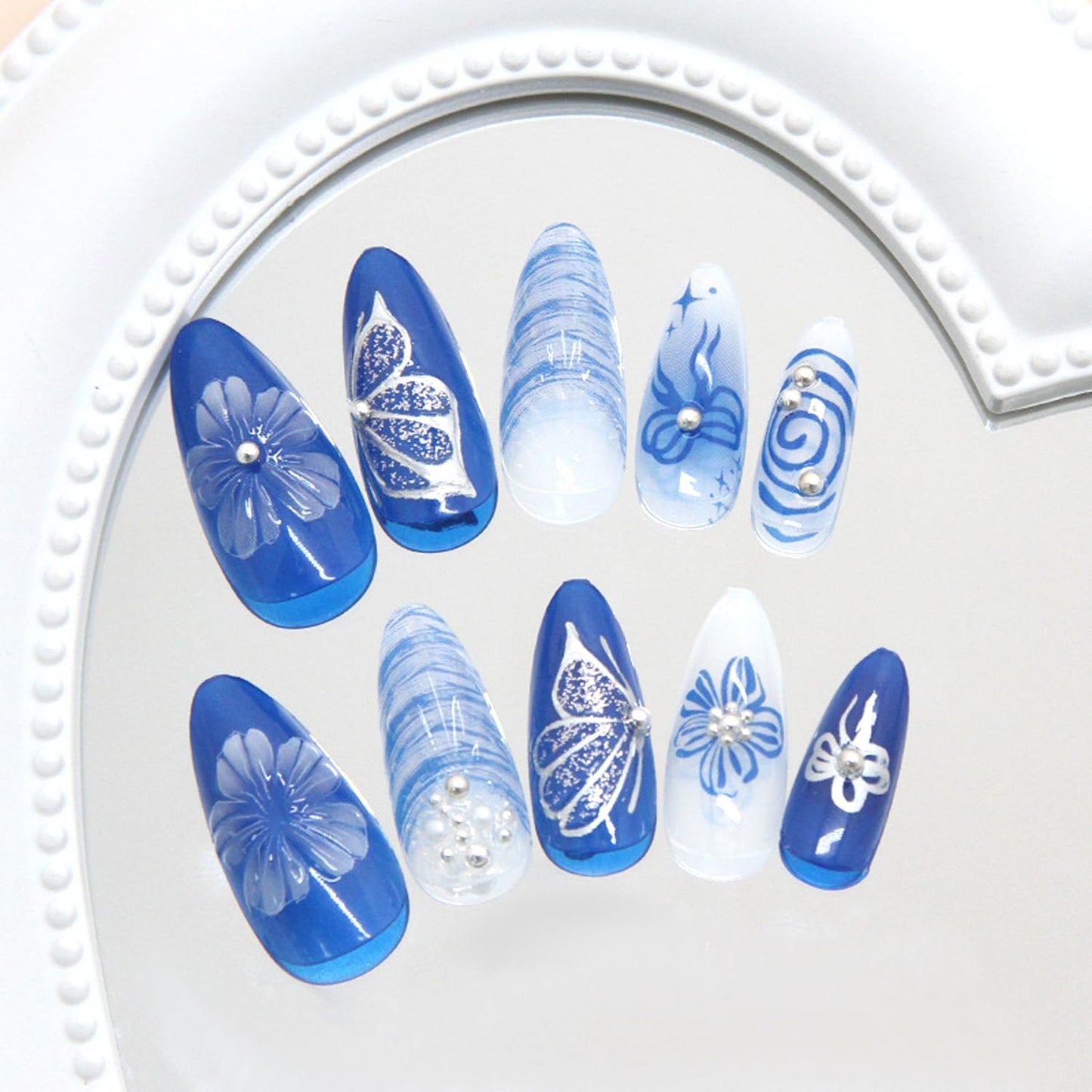 24Pcs Blue Flowers Press on Nails Medium Almond Fake Nails Blue Deep Sea Butterfly, Pearl Shell Pattern Cute Floral Nail Art False Nails Almond-Shaped Stick on Nails Reusable Artificial Nail for Women