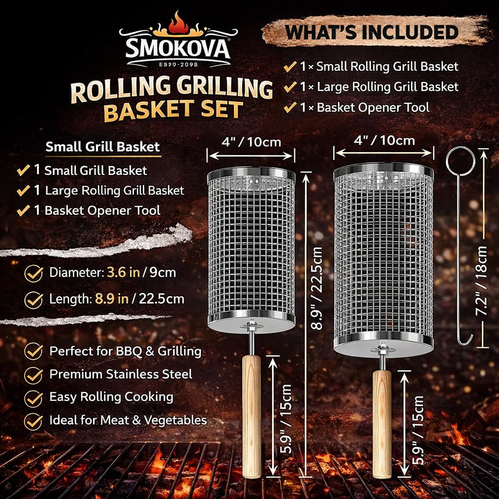 Smokova Rolling Grill Basket for Veggies (2 PCS) | 304 Stainless Steel Grill Baskets for Outdoor Grill with Removable Wooden Handle | BBQ Baskets for Grilling | Vegetable Grill Basket