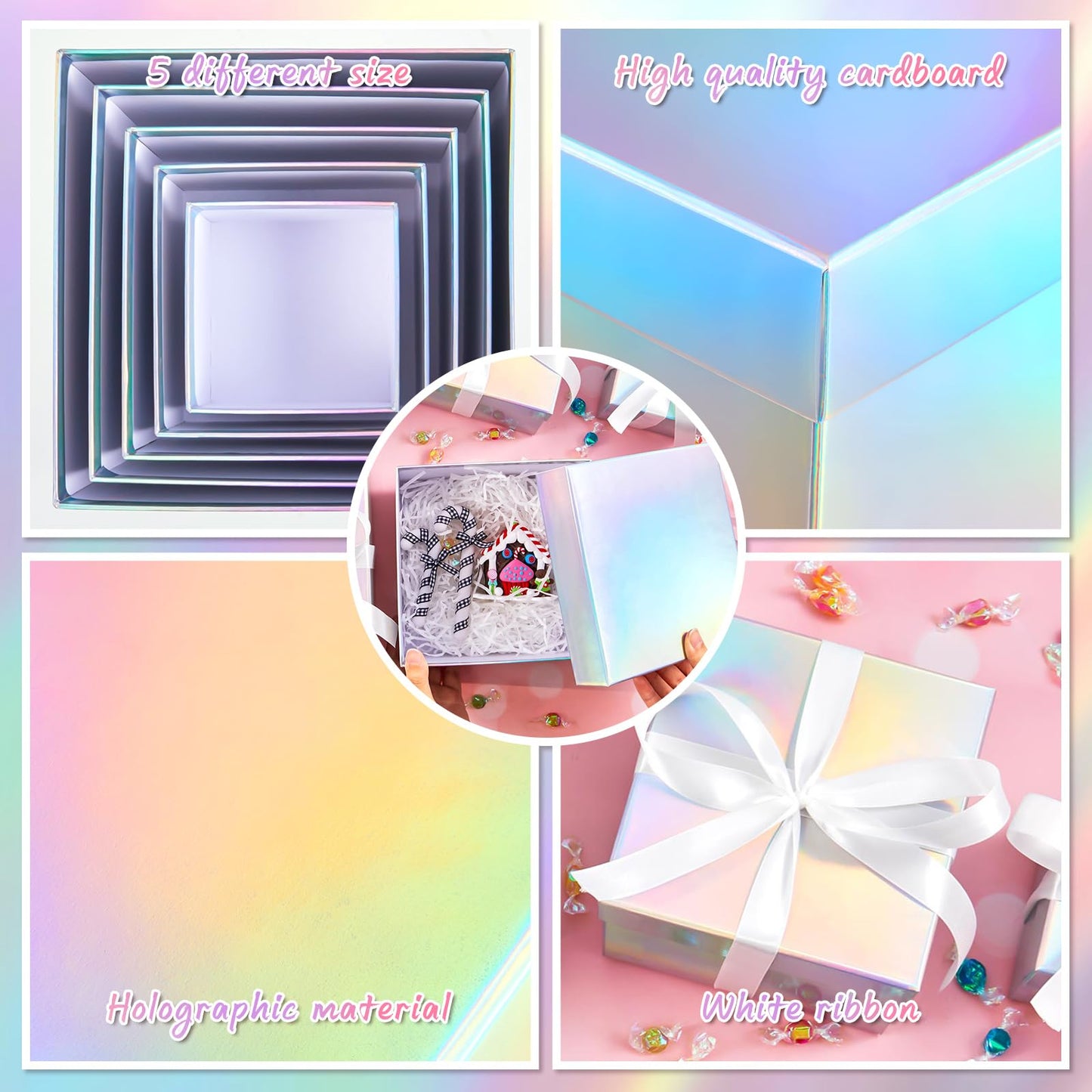 Fulmoon 5 Pack Holographic Silver Square Nesting Gift Boxes with Lids Set Assorted Sizes 8in 7in 6in 5in 4in with Ribbon for Wedding Graduation Birthday Presents Keepsake