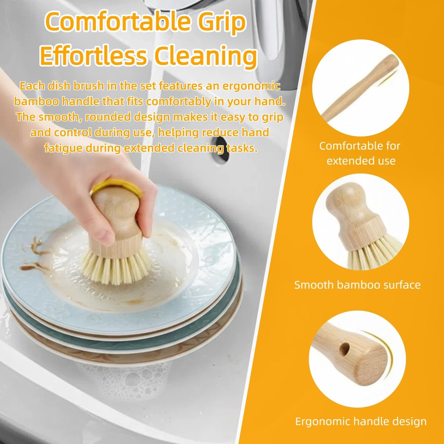 Natural Bamboo Dish Brush Set - 6 PCS Kitchen Cleaning Brush Kit with 4 Utensil Brushes and 2 Coconut Fiber Dish Sponges, for Cleaning Pots, Pans, Dishes, Bottles, Vegetables, and Fruits