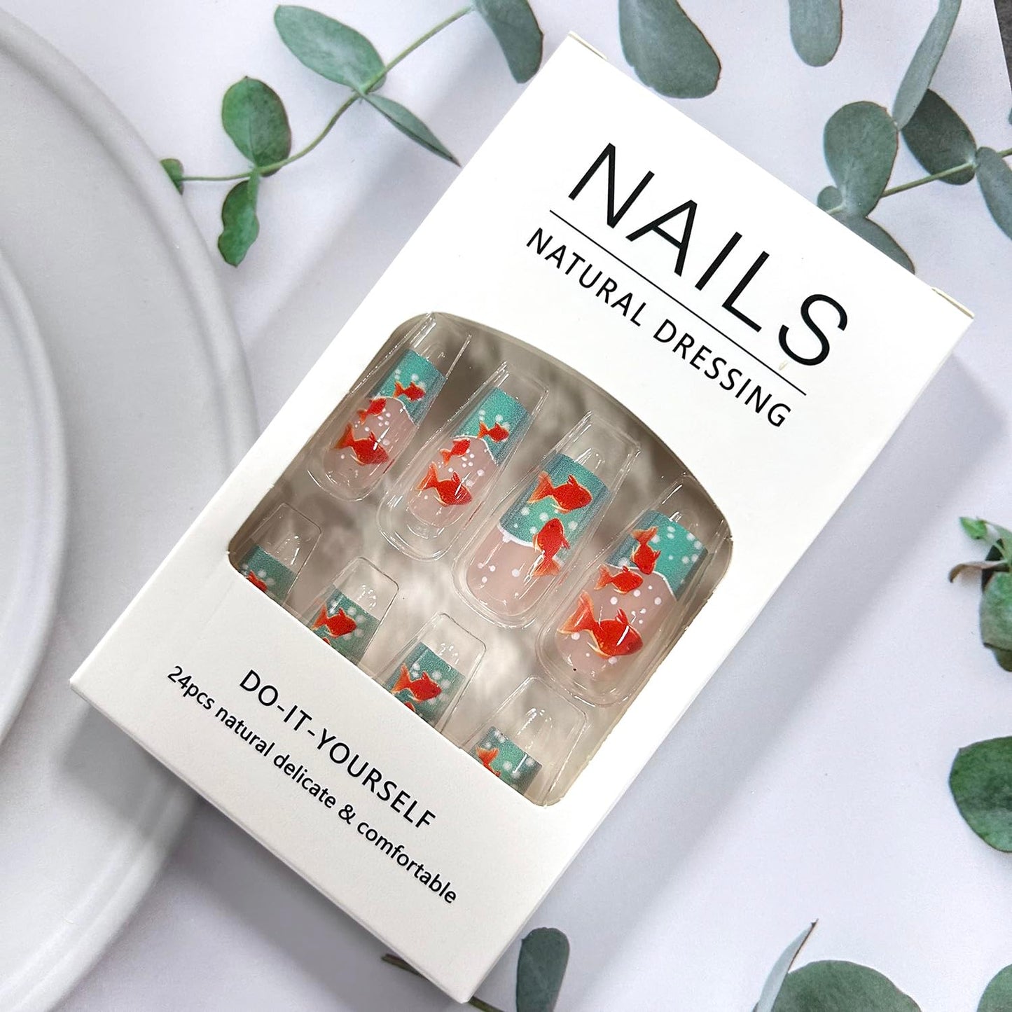 Square Press on Nails Medium Length Artificial Acrylic Fake Nail Gold Fish with Bubbles Pattern Design Blue French Glossy Stick on Nail Full Cover Reusable Press Ons Coffin False Nail for Women 24Pcs