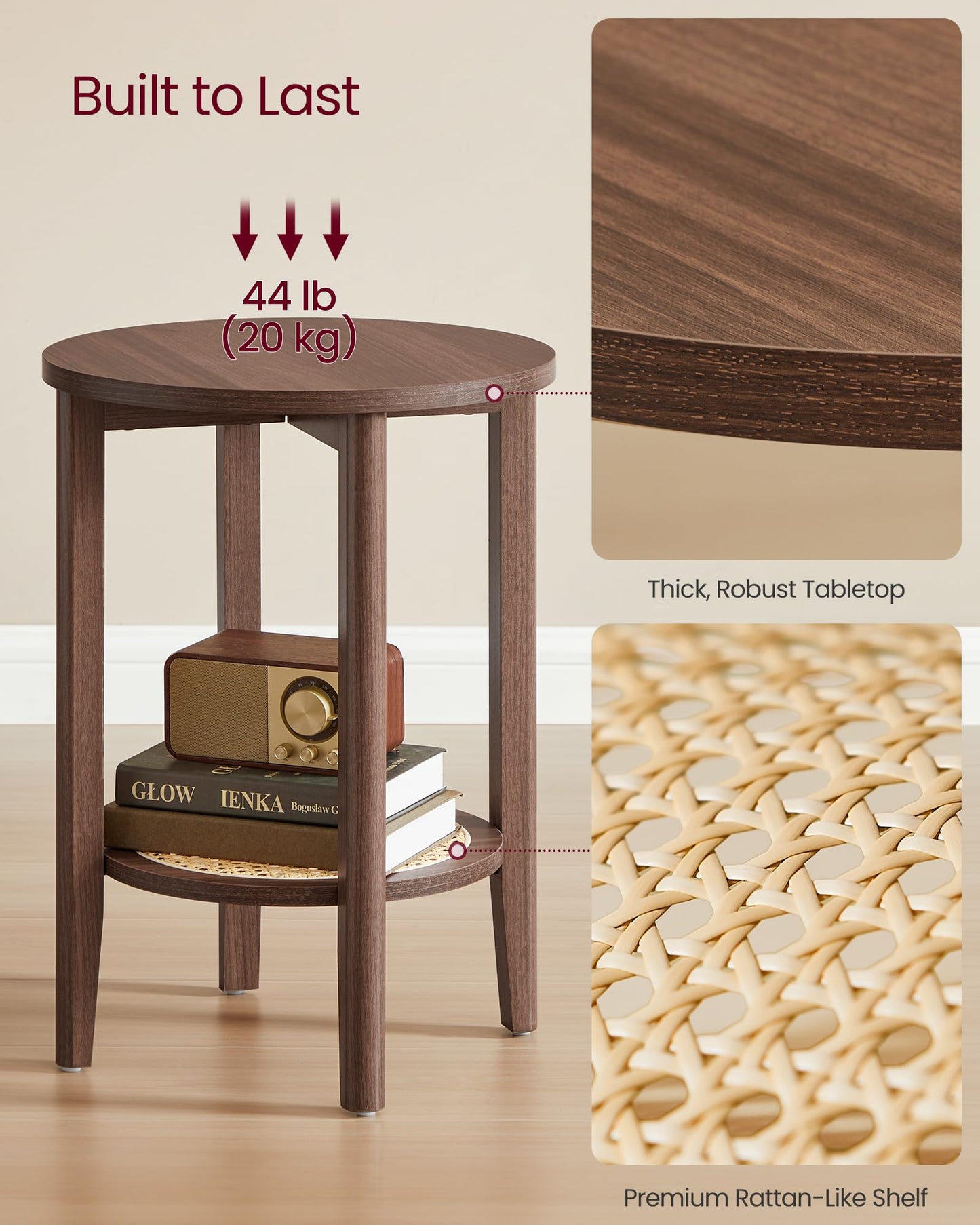 VASAGLE Round Side End Table, 2-Tier Boho Bedside Table with Rattan-Look Storage Shelf, Nightstand for Small Spaces, for Living Room, Bedroom, Home Office, Black Walnut ULET296K01