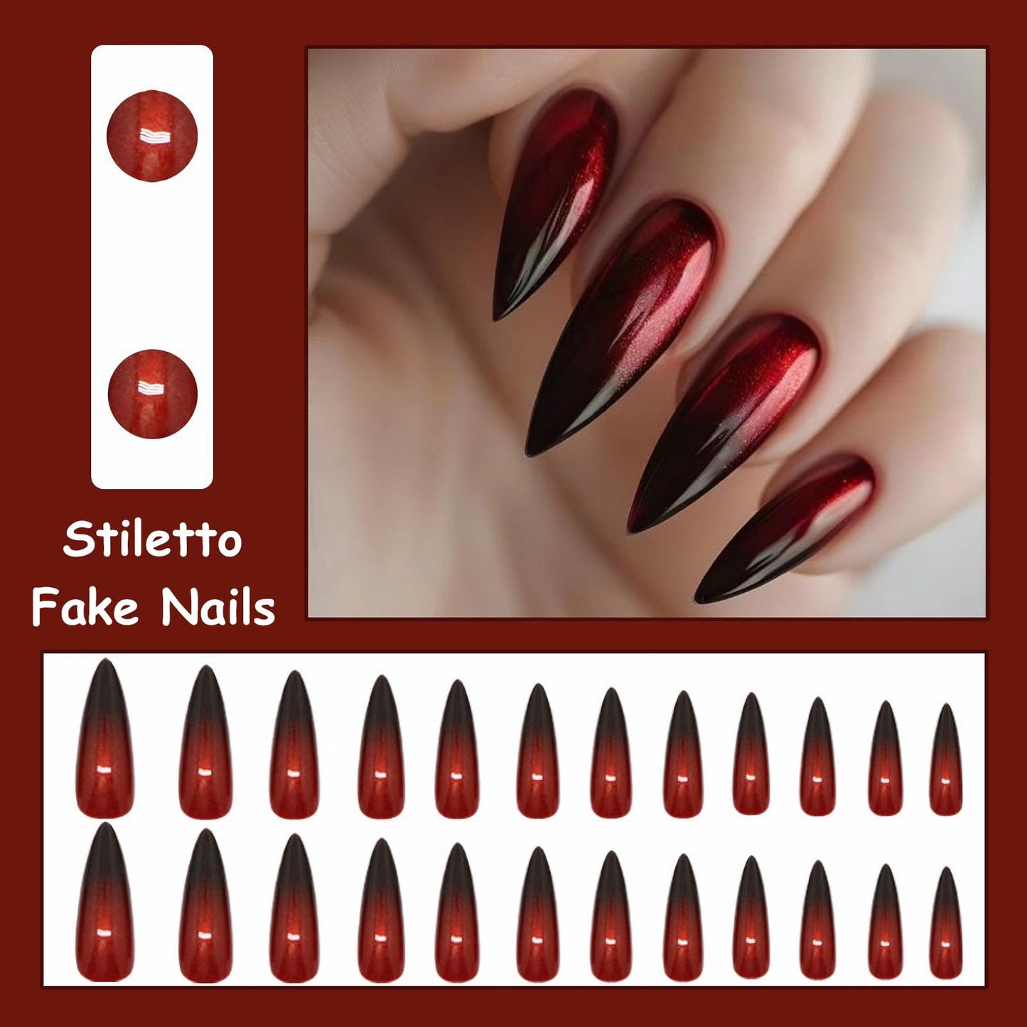 MISUD Press on Nails - Long Stiletto Fake Nails with Goth Red Black, Acrylic Gothic Vampire Design 24 pcs