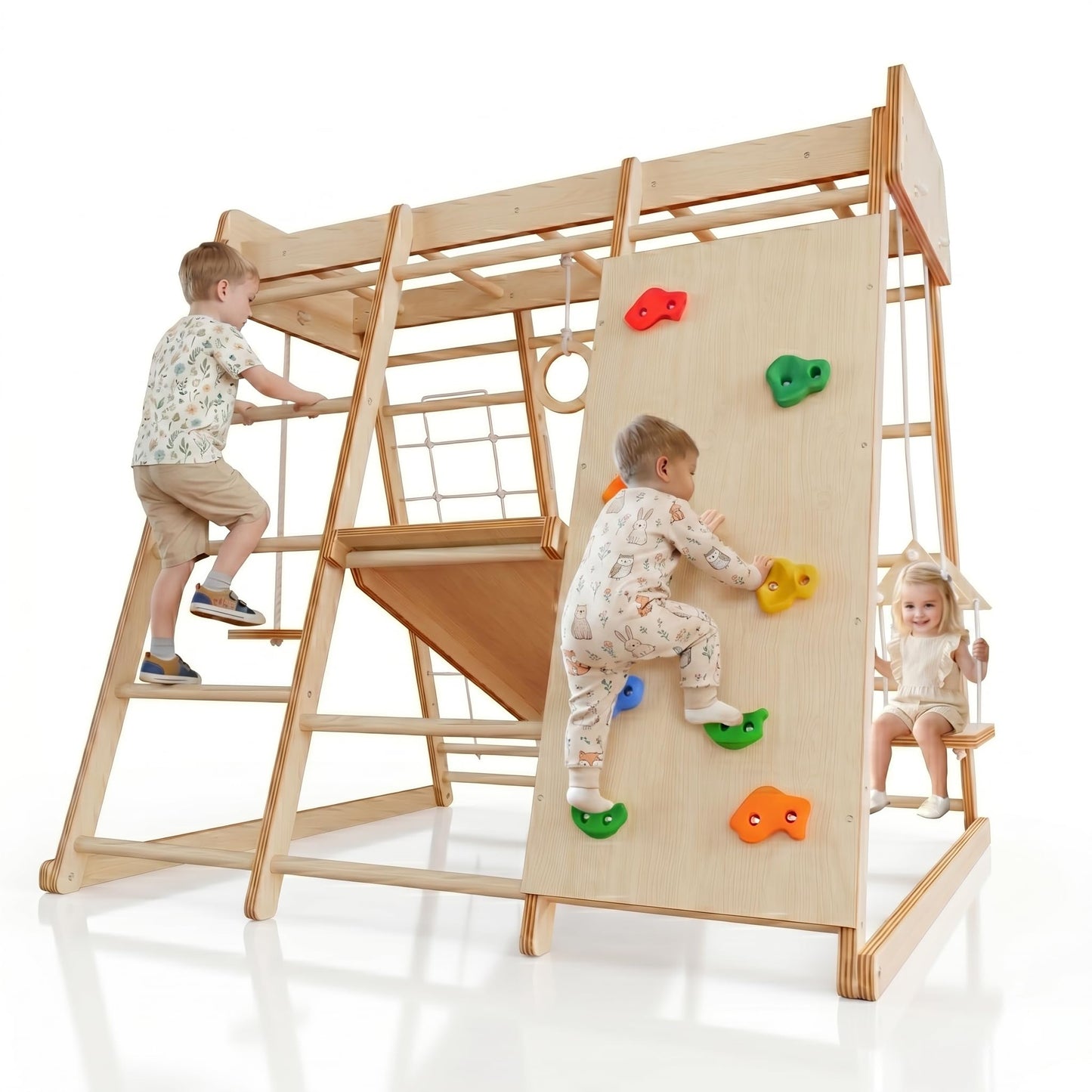 LINKHOO Large Wooden Indoor Jungle Gym for Kids Ages 2-6, Montessori Climber Playset w/Slide, Climbing Net, Monkey Bars, Swing- Indoor Playground Birthday Gift