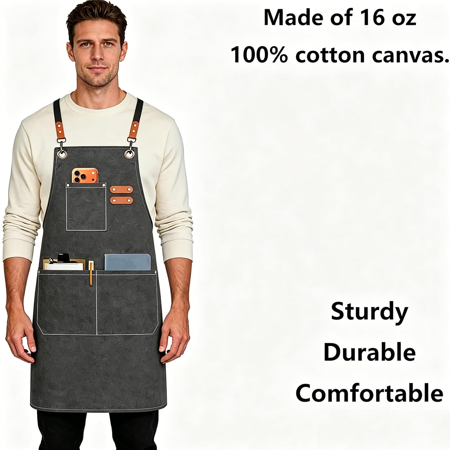 AFUN Chef Aprons for Men Women with Oversized Pockets, 16-Ounce Cotton Canvas Cross Back Heavy Duty Work Apron (Grey)