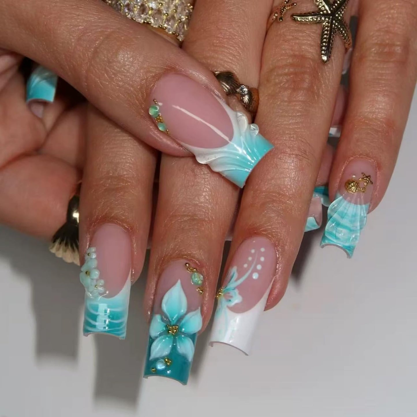 IMSOHOT Luxury Handmade Press on Nails Long Square Fake Nails with 3D Flower Designs Glossy Blue French Tips False Nails Full Cover Acrylic Glue Stick on Nails for Women