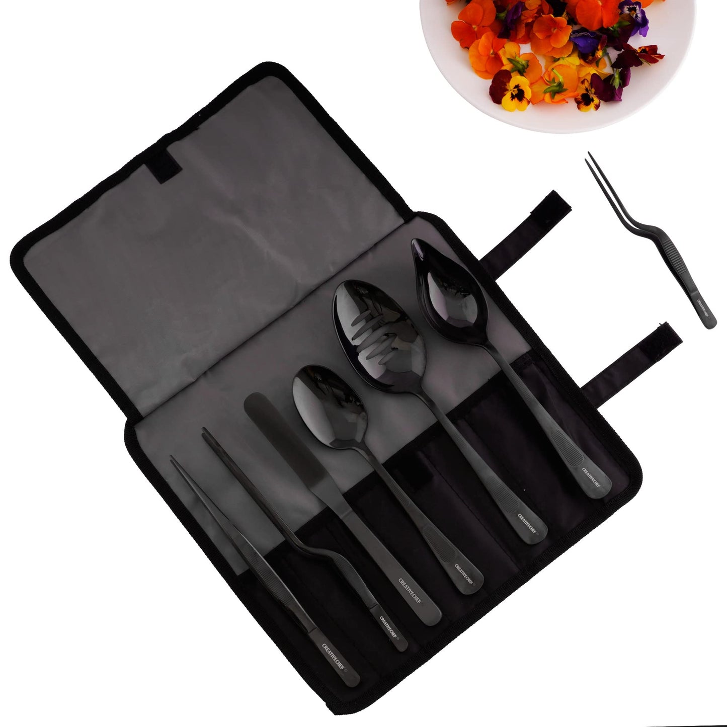 CREATIVECHEF 7 PCS Plating Tools Culinary Set Contains kitchen tweezers spatula Sauce plating spoon（Black）