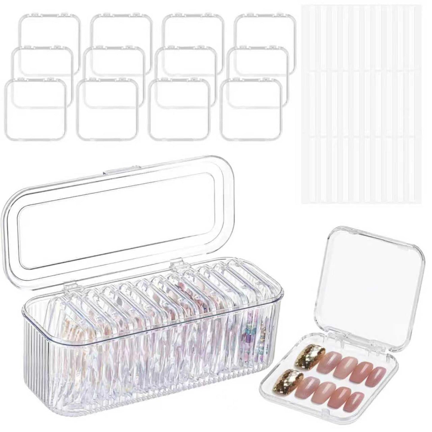 XNXA Clear Press On Nail Storage Containers 12-Pack Stackable Cases, Press Ons Nail Packaging Organizer Case, Acrylic Tips and Fake Nails Display Box for Travel and Salon Use (Clear 01)