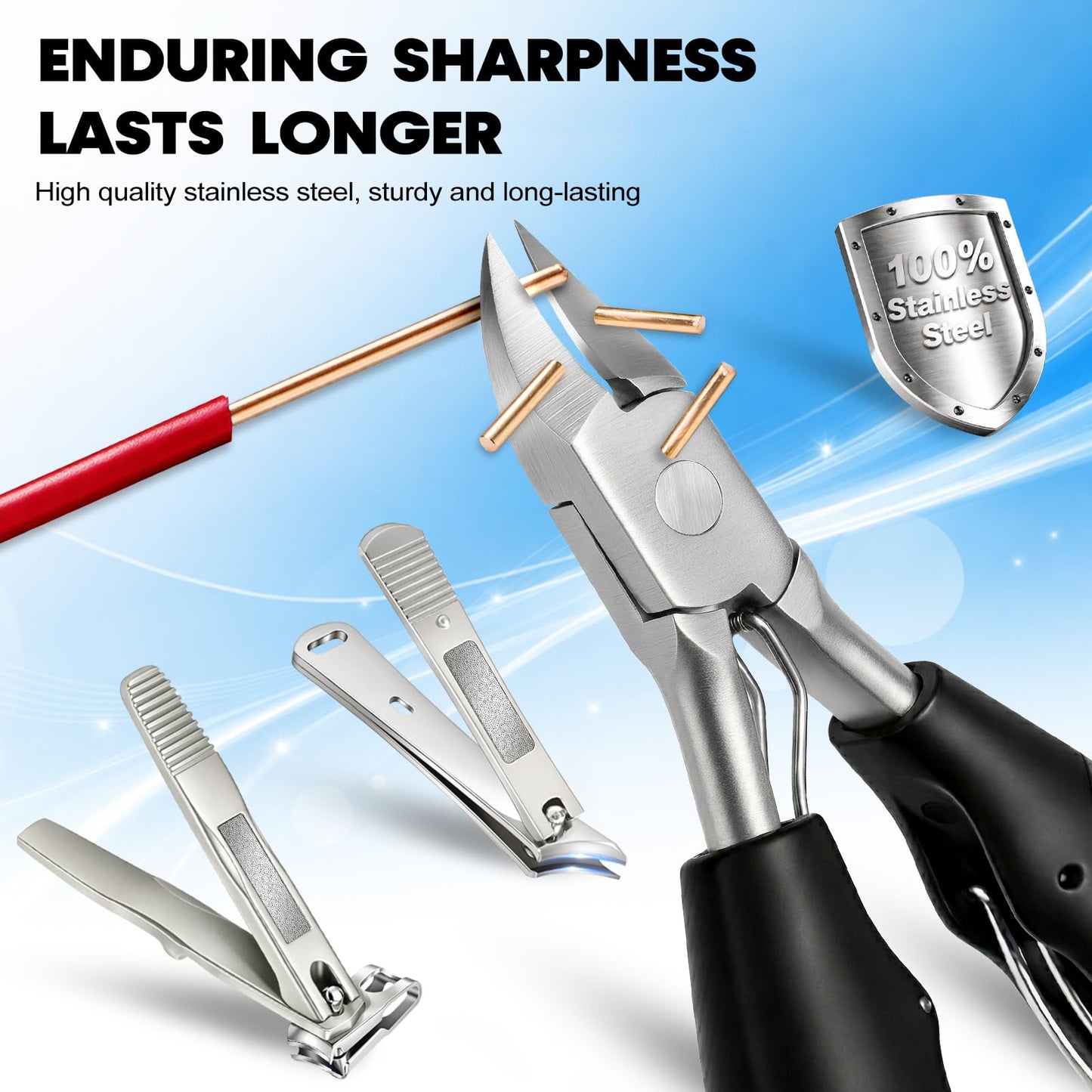 8-in-1 Heavy Duty Toenail & Fingernail Clippers for Seniors Men with Thick & Ingrown Nails - Manicure Pedicure Kit with 360° Swivel Head - Professional Wide Jaw Podiatrist Tools