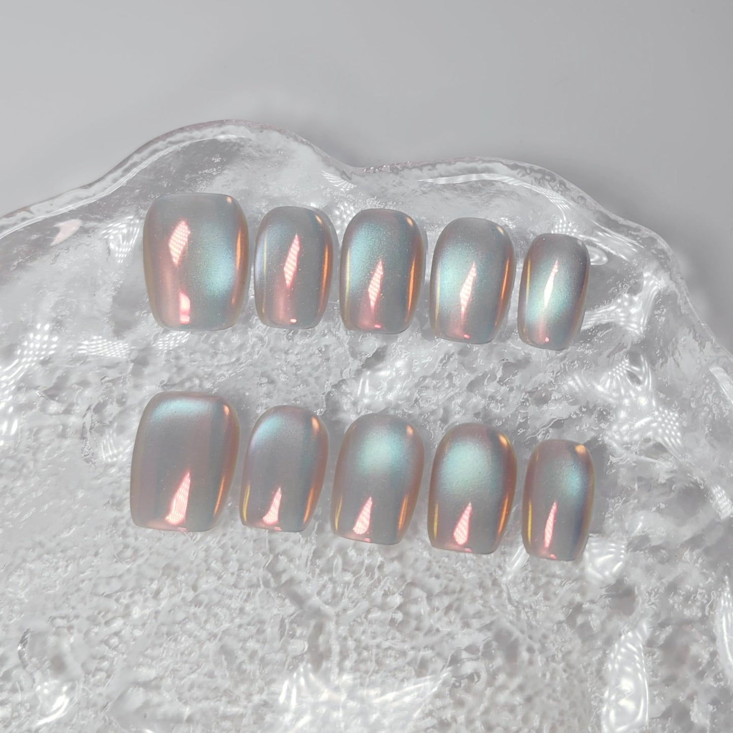 Cat Eye Press on Nails Handmade Short Oval/Square/Round False Nails with French Tip/Aurora/Magnetic Shimmer Designs (Aurora#Square Sunset River, Large)