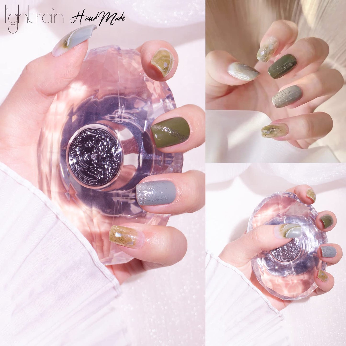 Light Rain Medium Size Hand-made Press on Nails, 3D Gel UV Finished False nails with Design by Professional Manicurist