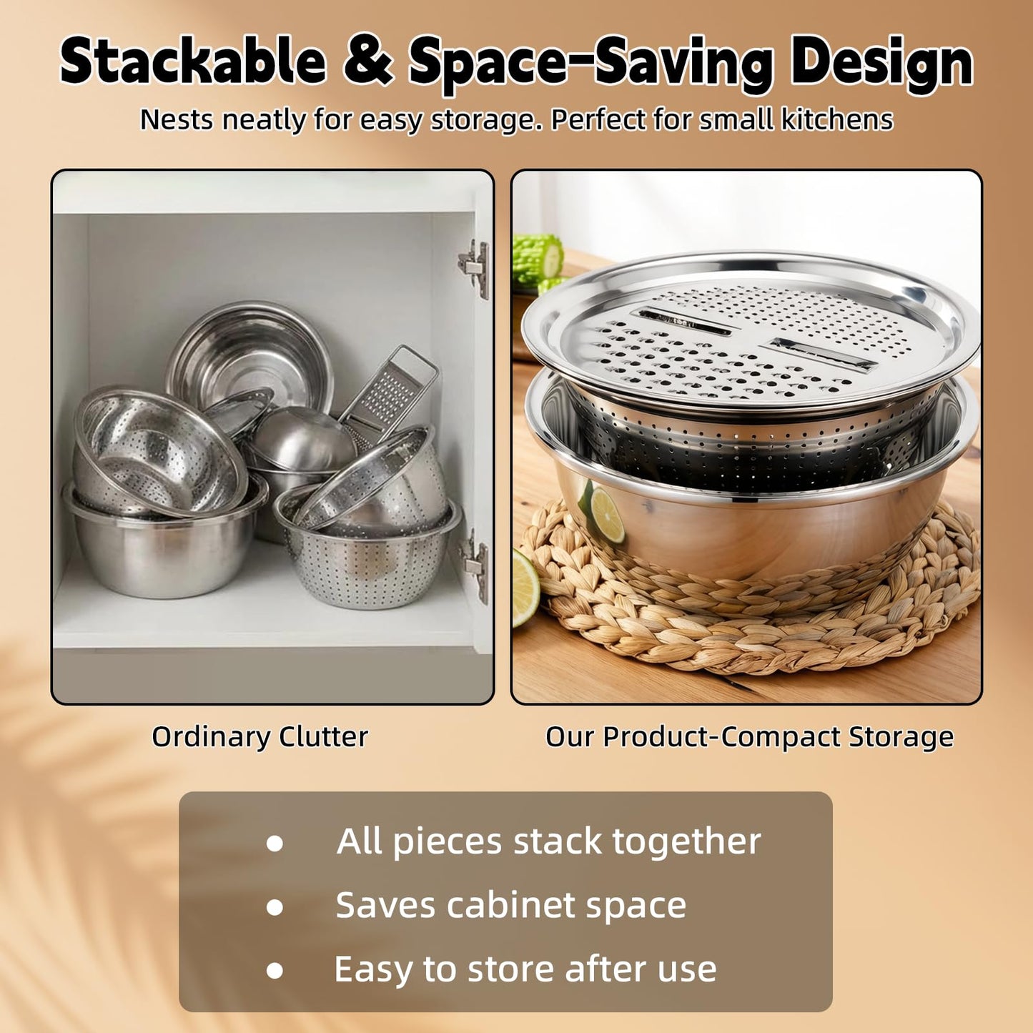 Germany Multifunctional Stainless Steel Basin - 2026 New 3-in-1 Grater Strainer and Drain Basket Set with Vegetable Slicer, 10.24 Inch for Kitchen Rinsing Draining Mixing