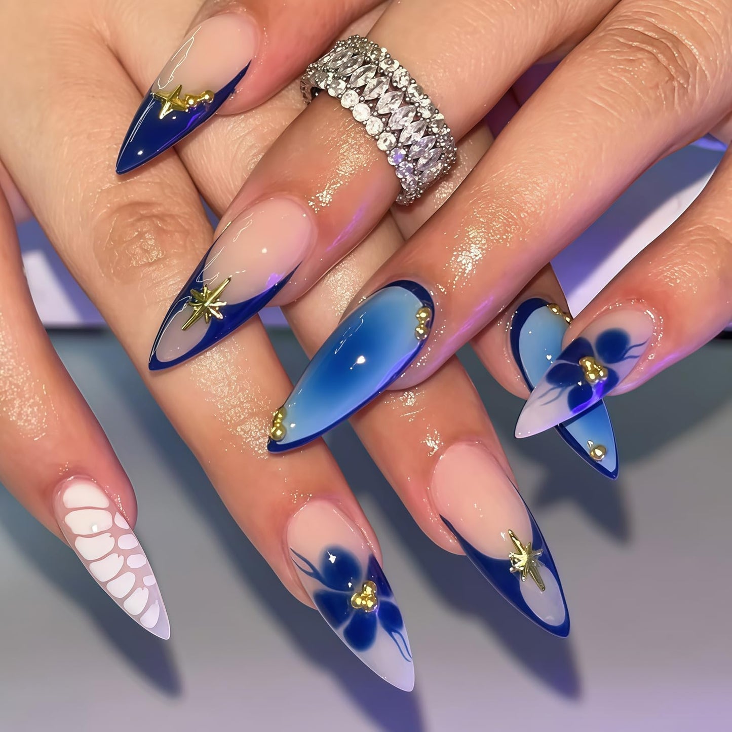 Blue Press on Nails - Medium Stiletto Fake Nails with Flower&Marble Designs False Nails French Tip Glue on Nails Reusable Full Cover Stick on Nails for Women Manicure 24Pcs