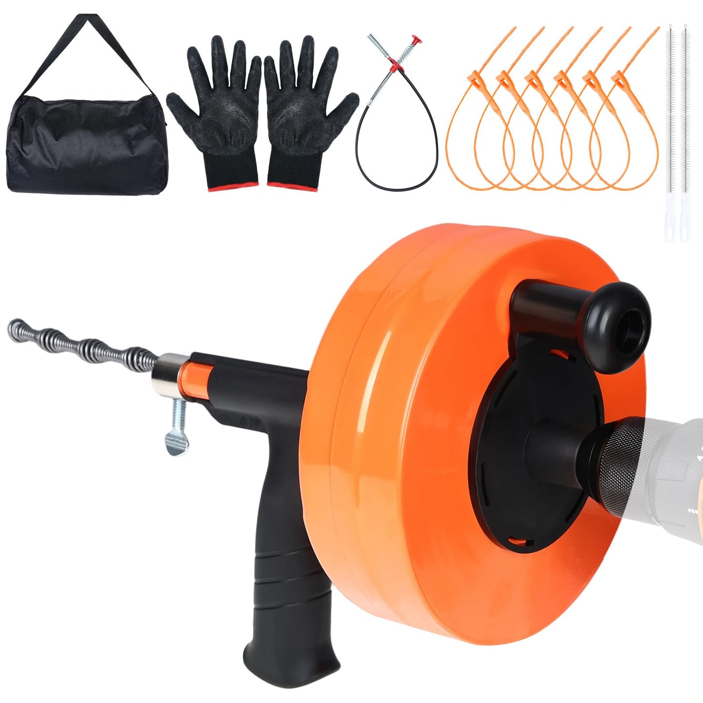 50FT Drain Auger, Dual-Mode Plumbing Snake with Drill Attachment, Sewer Pipe Clog Remover for Kitchen/Bathroom/Shower/Toilet, 6 Hair Clog Removers + Storage Bag, Destapador de tuberia (50 FT, Orange)