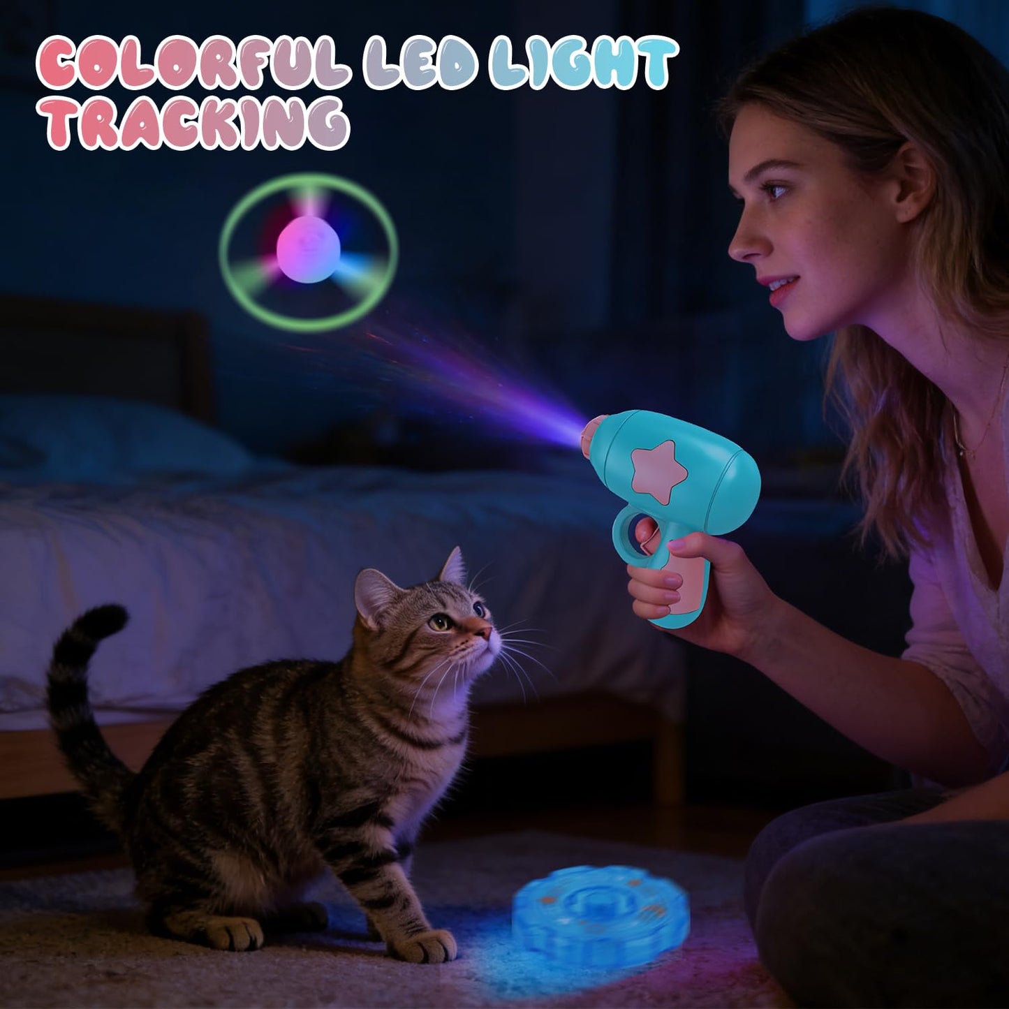 2PCS Cat Fetch Disc Launcher Toy with Colorful Flying Propellers Set,Cat Playing Tracking LED Spinning Top Interactive Toys for Kitten Chasing Training Hunting（Pink+Blue）