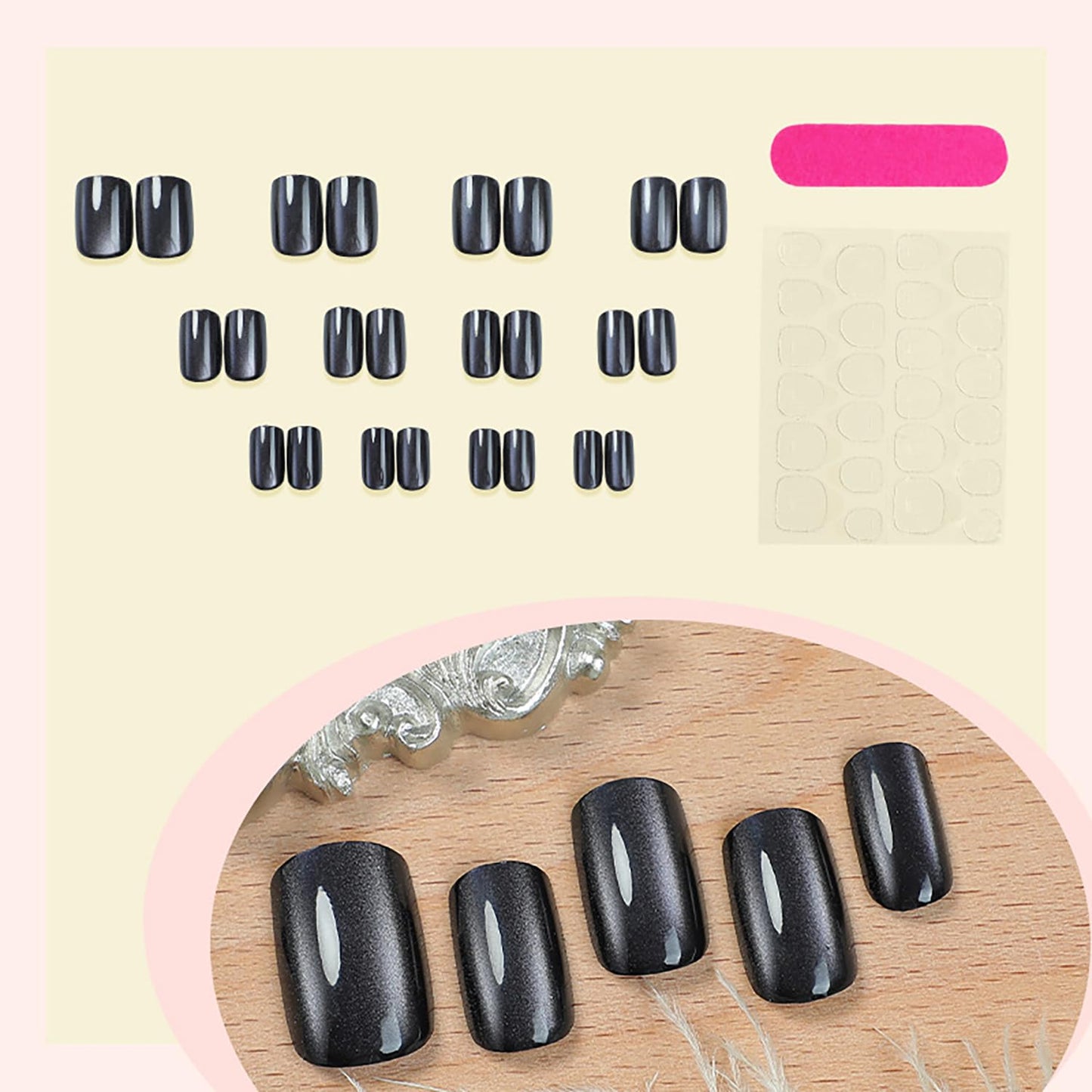 Short Square Press On Nails Black Fake Nails Press Ons Glitter False Nails Glossy Full Cover Stick On Nails Reusable Black Glitter Artificial Glue On Nails For Women Nail Supplies