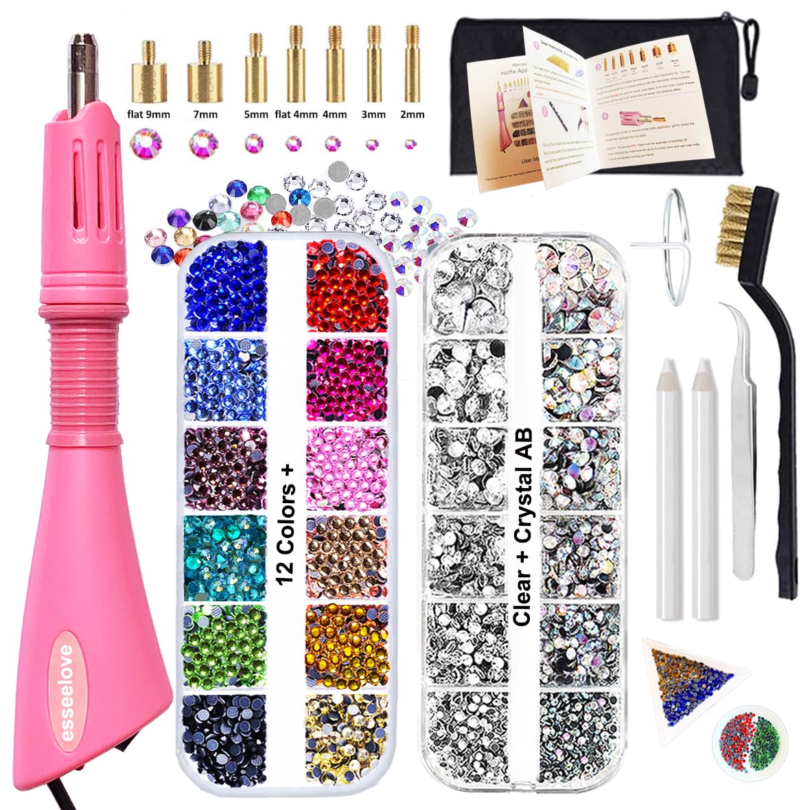 esseelove Hotfix Applicator, DIY Hot Fix Rhinestone Setter, Hot Fixed Wand Kit, 4536 Pcs, AB, Clear, 12 Colors, Gem Picker, Brush, Trays, Bag, Bedazzler Kit with Rhinestones